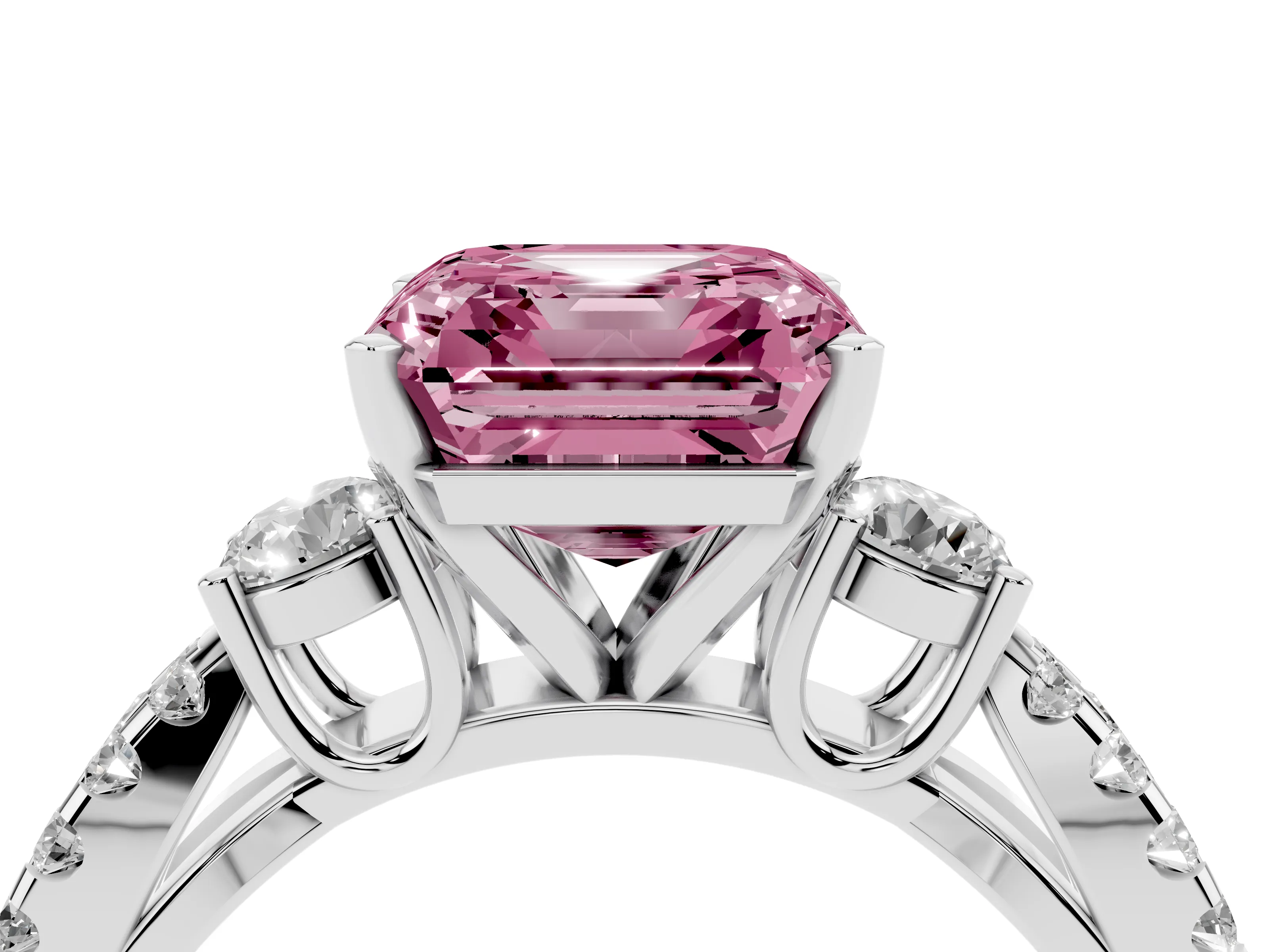 Fancy Pink Asscher Cut Diamond Three-Stone Ring Set in Platinum with Pavé Split Shank and Prong Setting