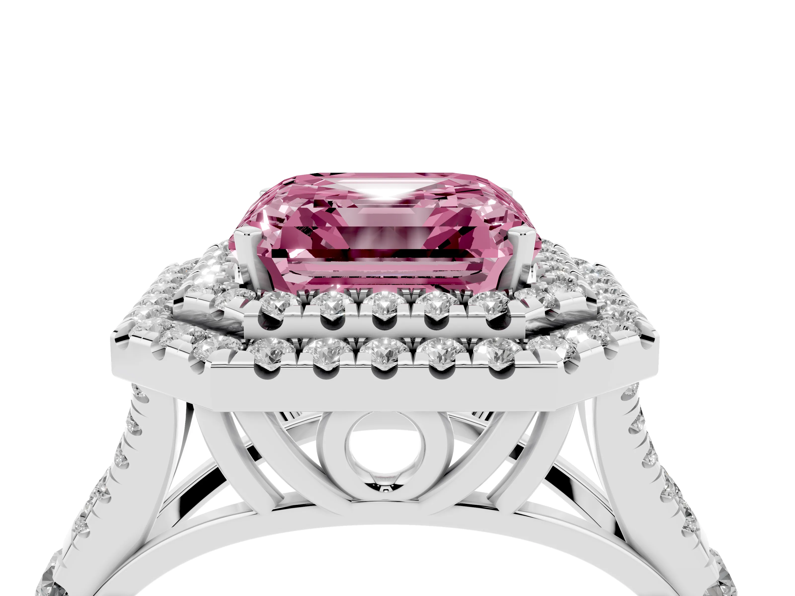 Fancy Pink Asscher Cut Diamond Pavé Split Shank Double Halo Engagement Ring Set in Silver