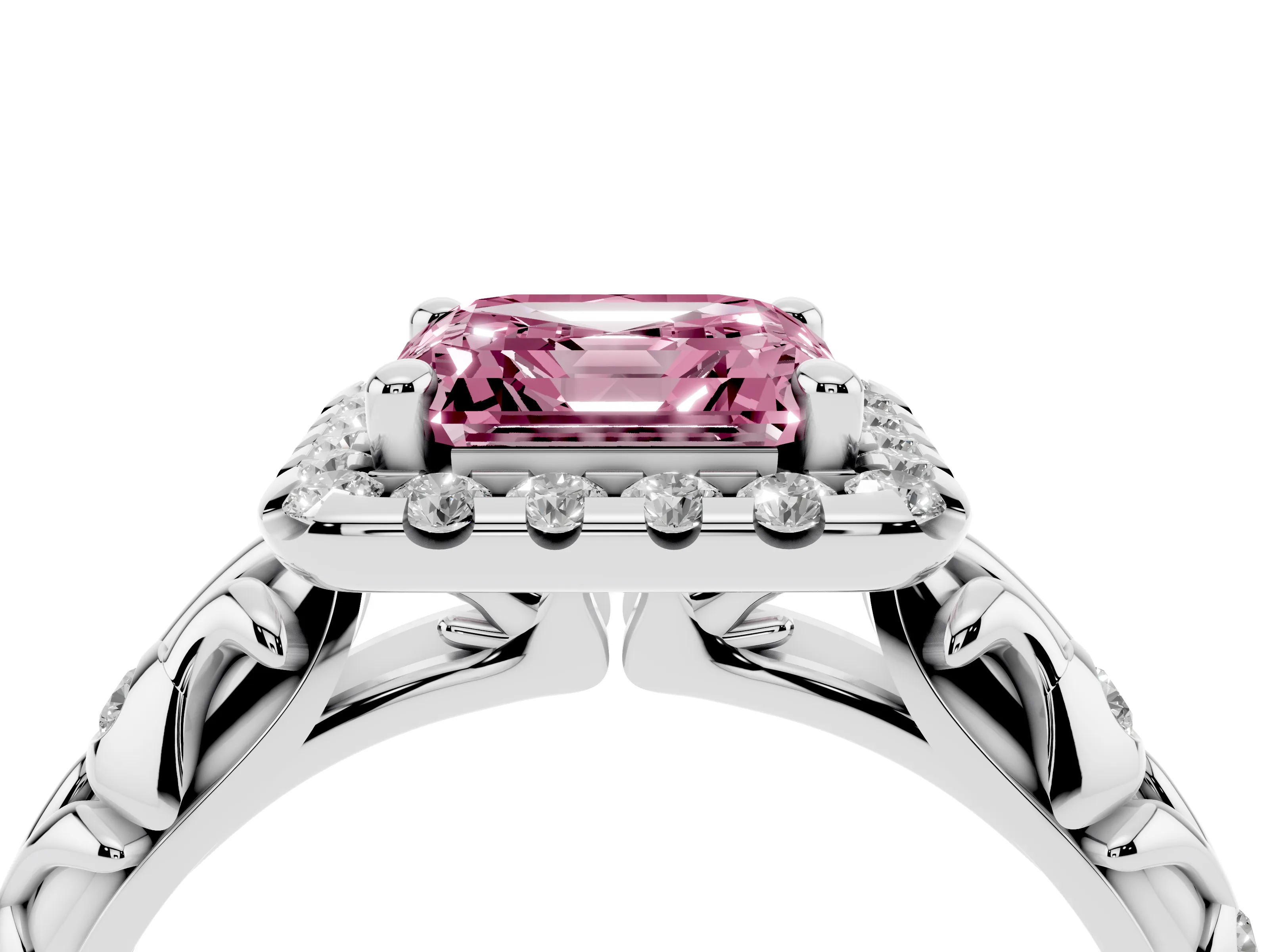 Fancy Pink Asscher Cut Diamond Halo Ring Set in Platinum with Filigree Leaf Band and Prong Setting