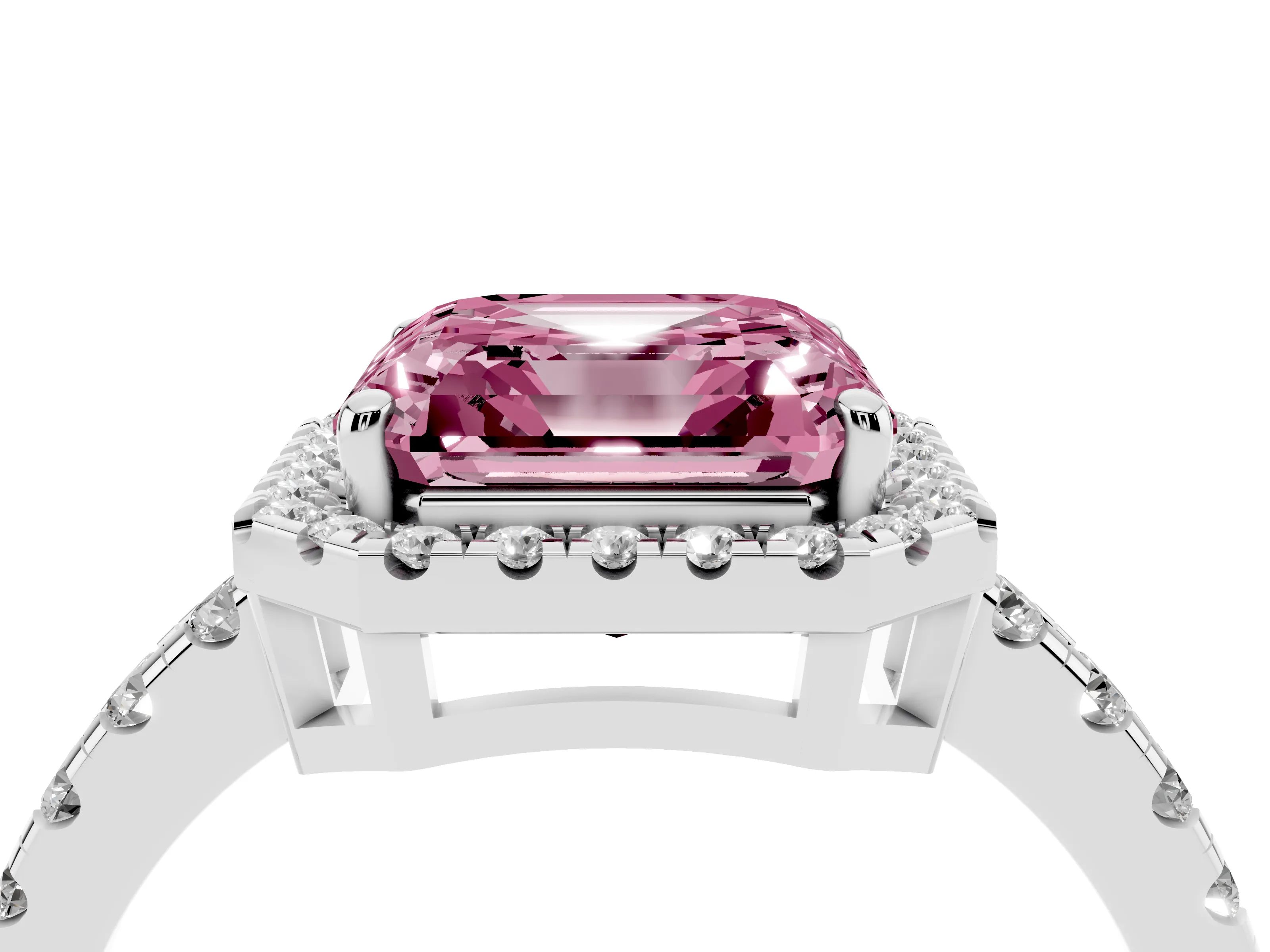 Fancy Pink Asscher Cut Diamond Halo Ring Set in White gold with Delicate Pavé Band and Prong Setting