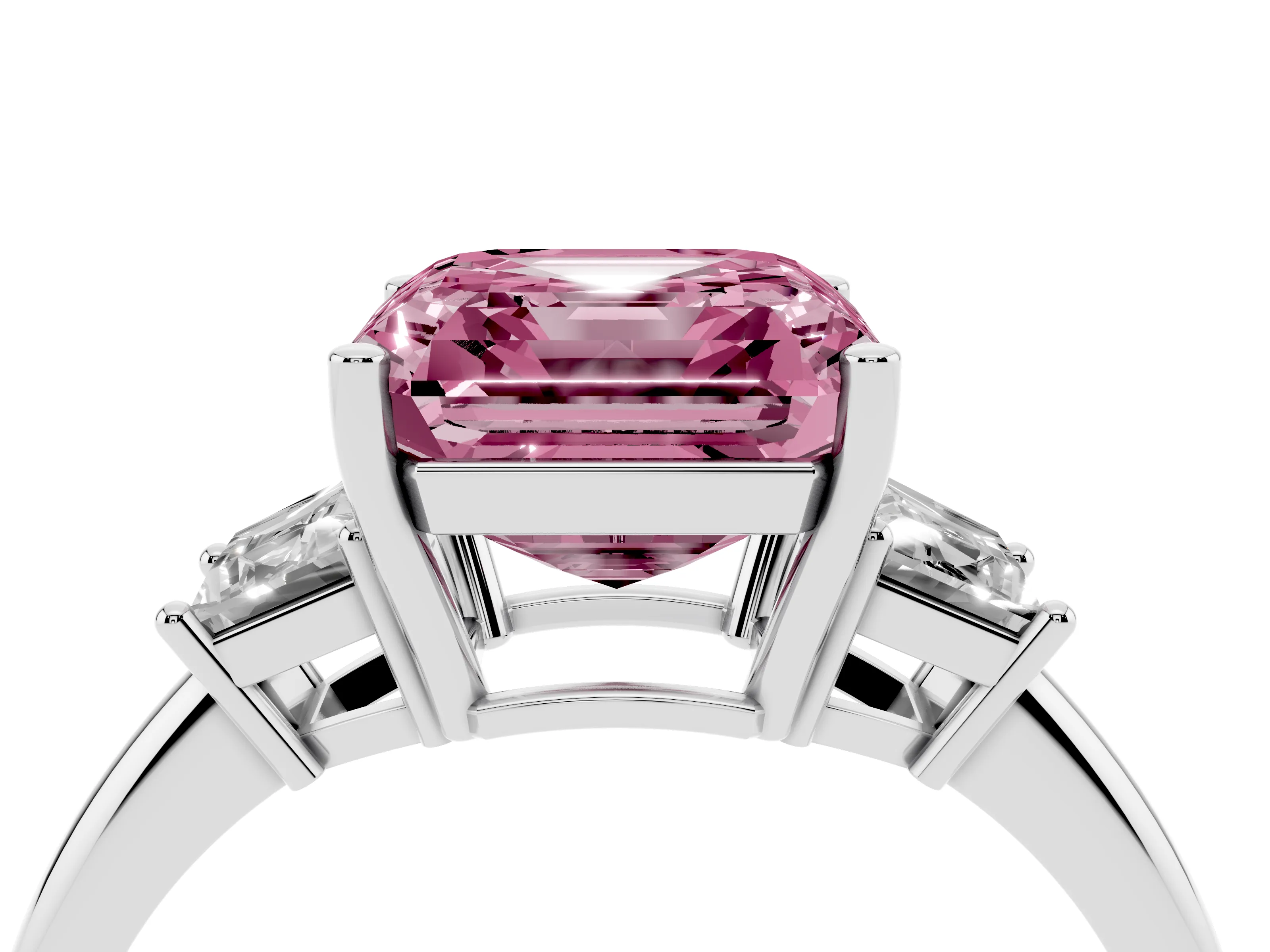 Fancy Pink Asscher Cut Diamond Three-Stone Ring Set in White gold with Trapezoid Side Stones and Prong Setting