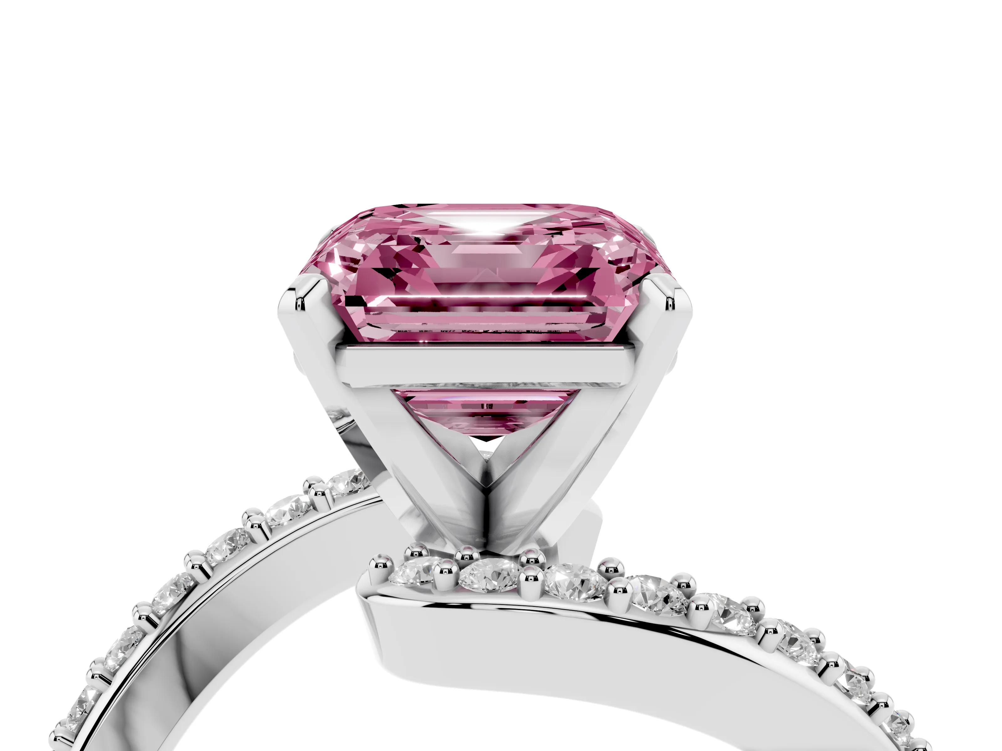 Fancy Pink Asscher Cut Diamond Solitaire Ring Set in Platinum with Pavé Twist Band and Prong Setting