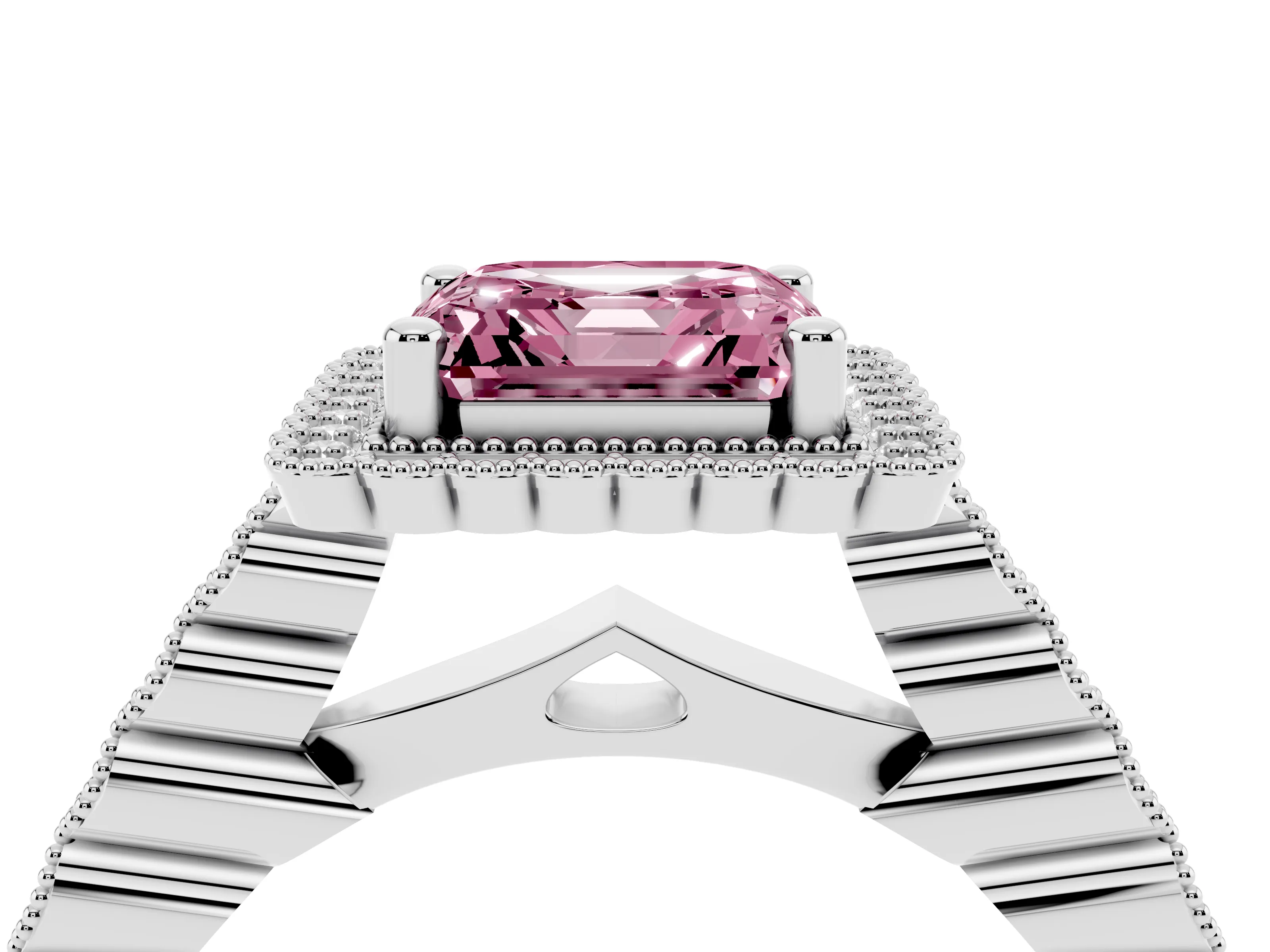 Fancy Pink Asscher Cut Diamond Halo Ring Set in Platinum with Pavé Milgrain Band
