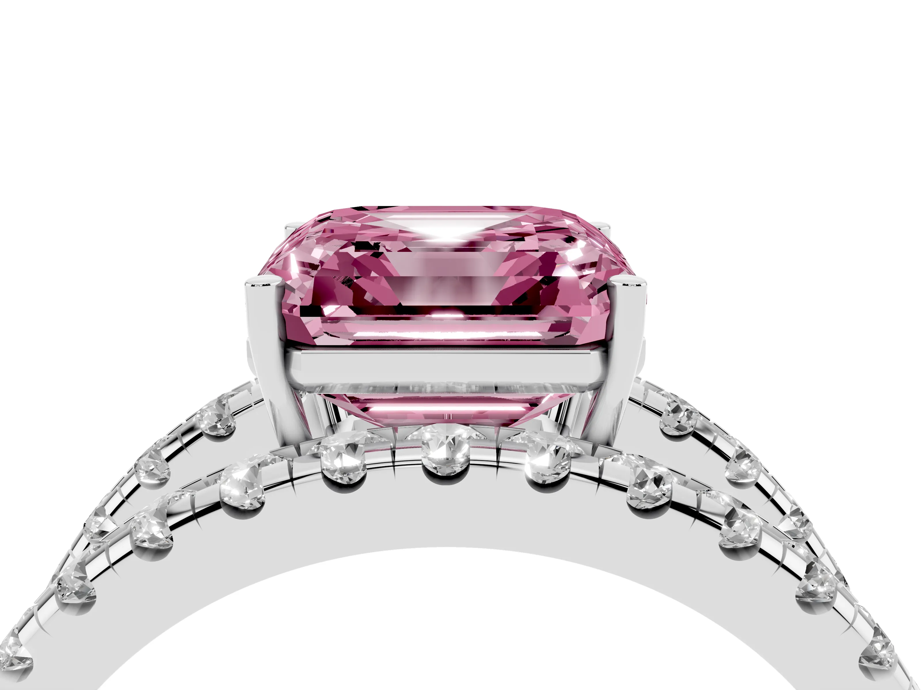Fancy Pink Asscher Cut Diamond Split Shank Pavé Solitaire Ring Set in Platinum with Open Shank Design