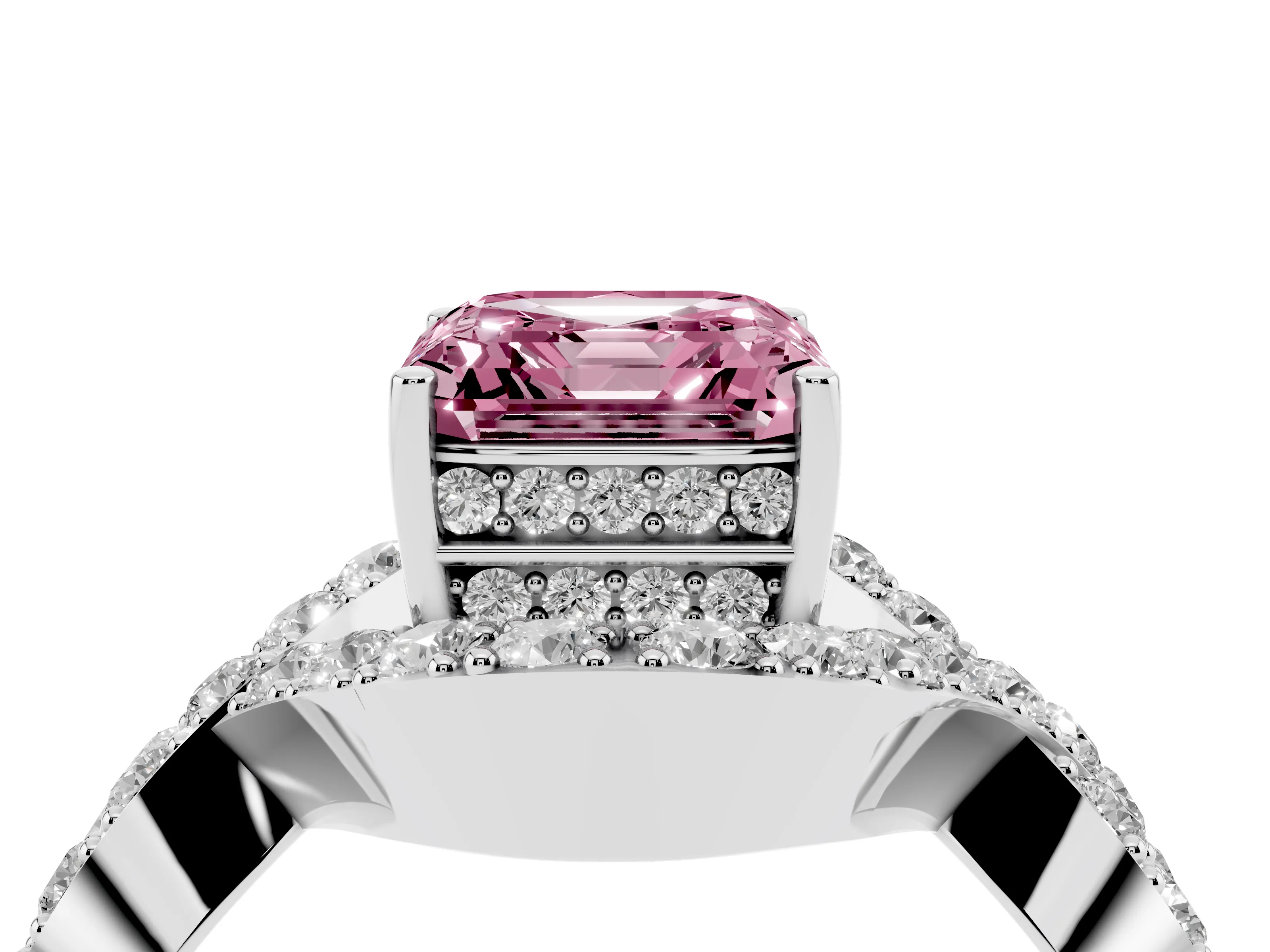 Fancy Pink Asscher Cut Diamond Solitaire Twist Band Pavé Engagement Ring Set in Platinum