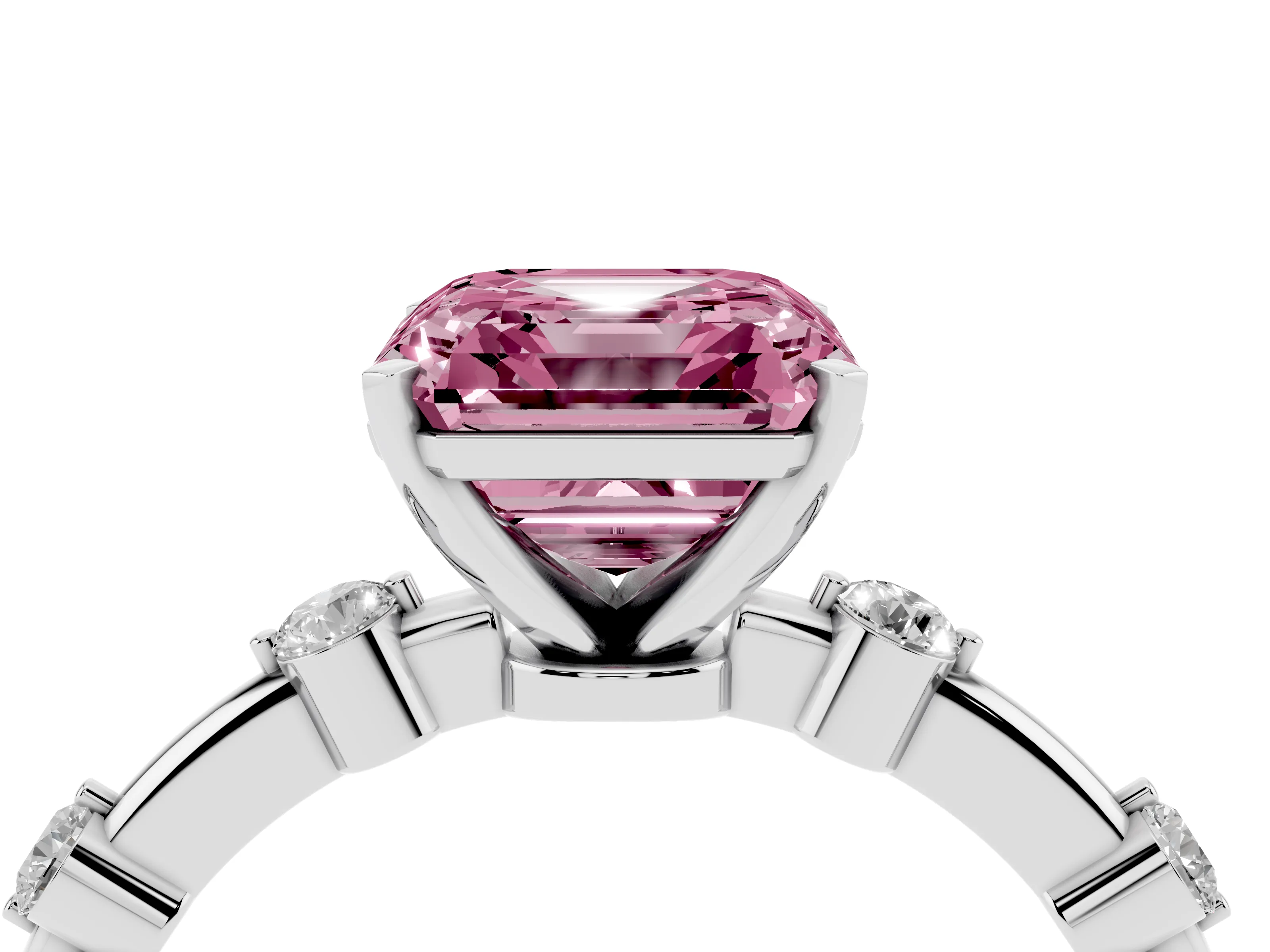 Fancy Pink Asscher Cut Diamond Solitaire Ring Set in Silver with Bezel Set Side Stones and Prong Setting