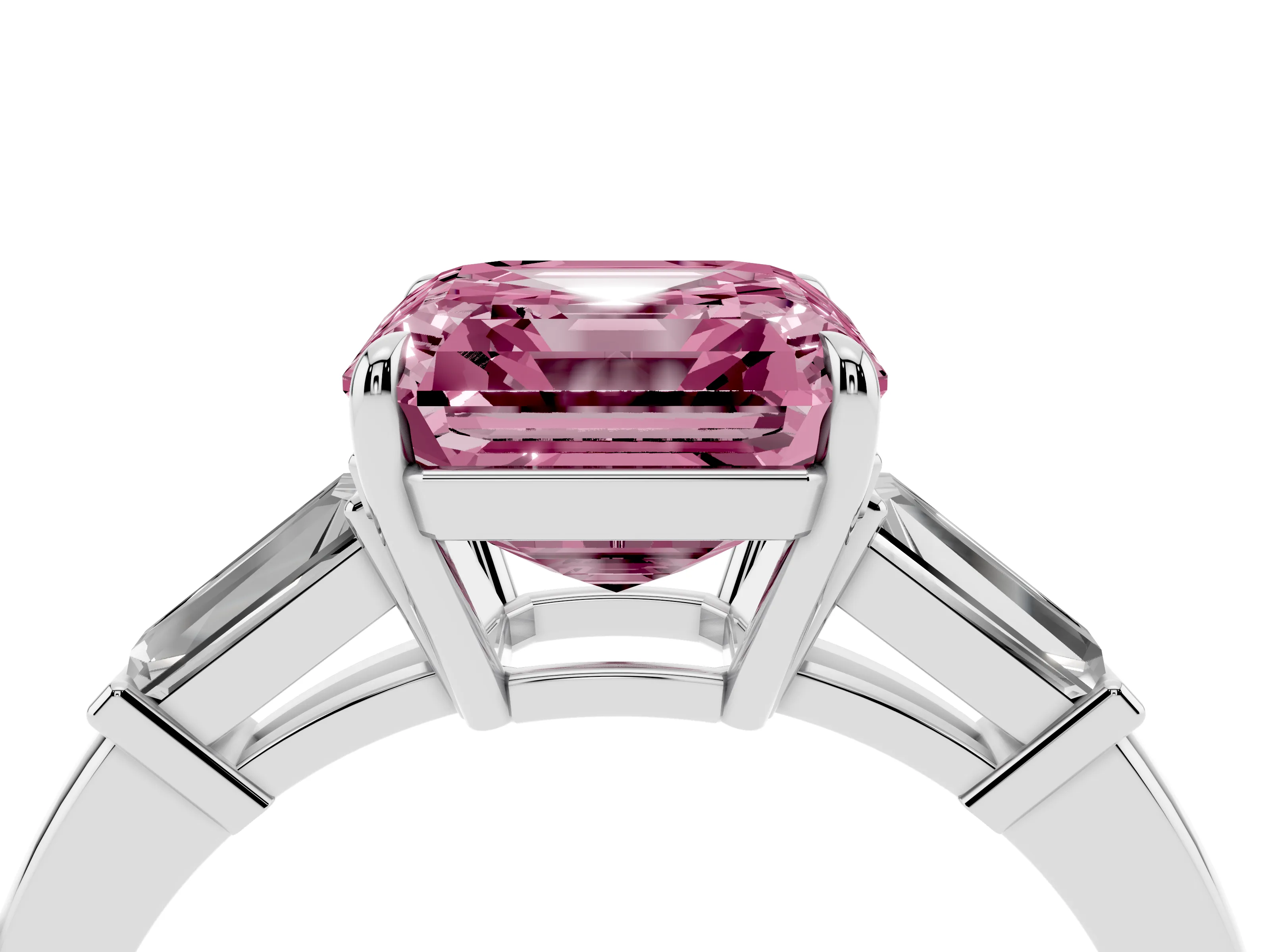 Fancy Pink Asscher Cut Diamond Three-Stone Ring Set in White gold with Tapered Baguette Side Stones and Prong Setting
