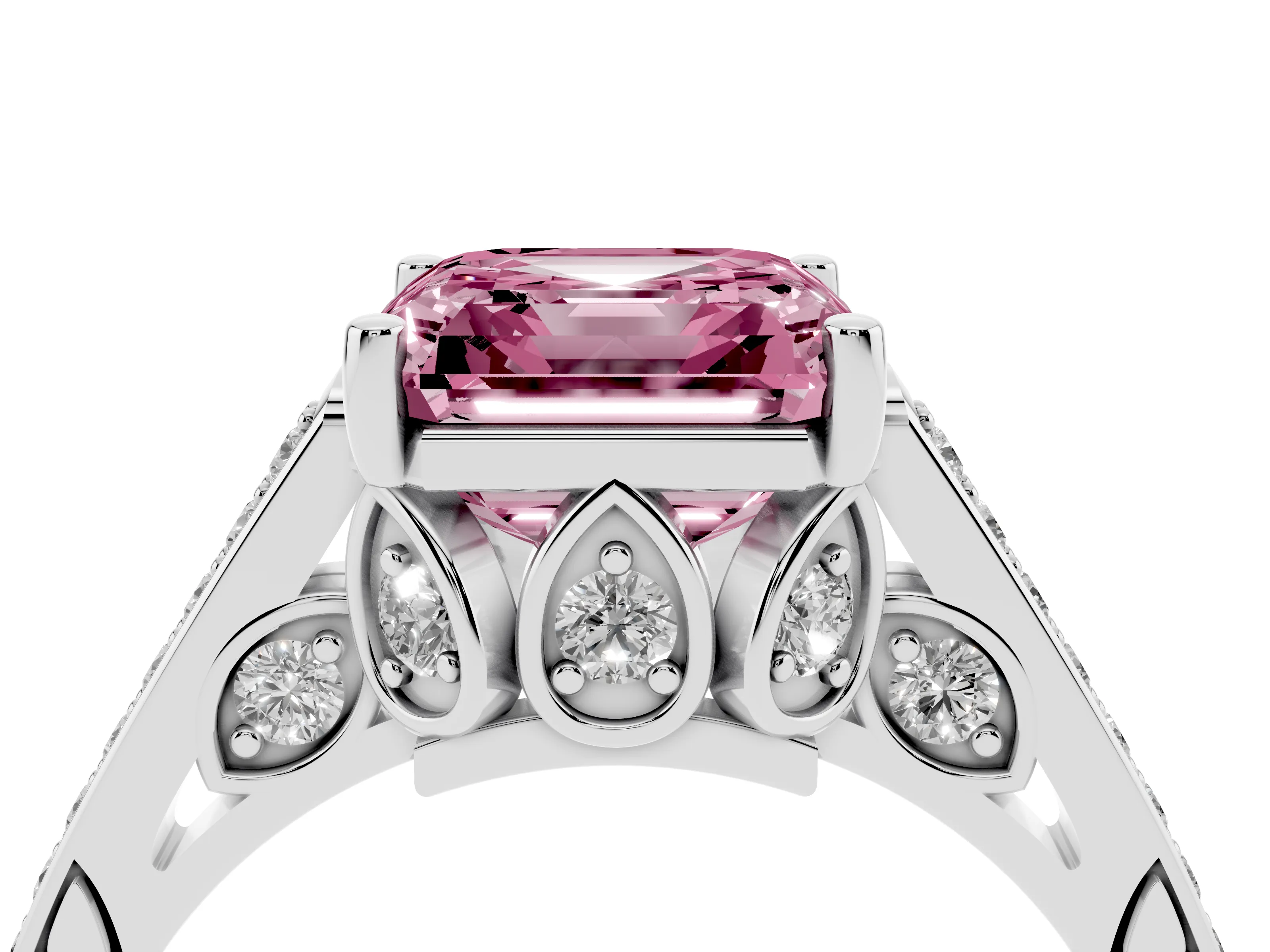 Fancy Pink Asscher Cut Diamond Cathedral Pavé Engagement Ring Set in Silver with Prong Setting