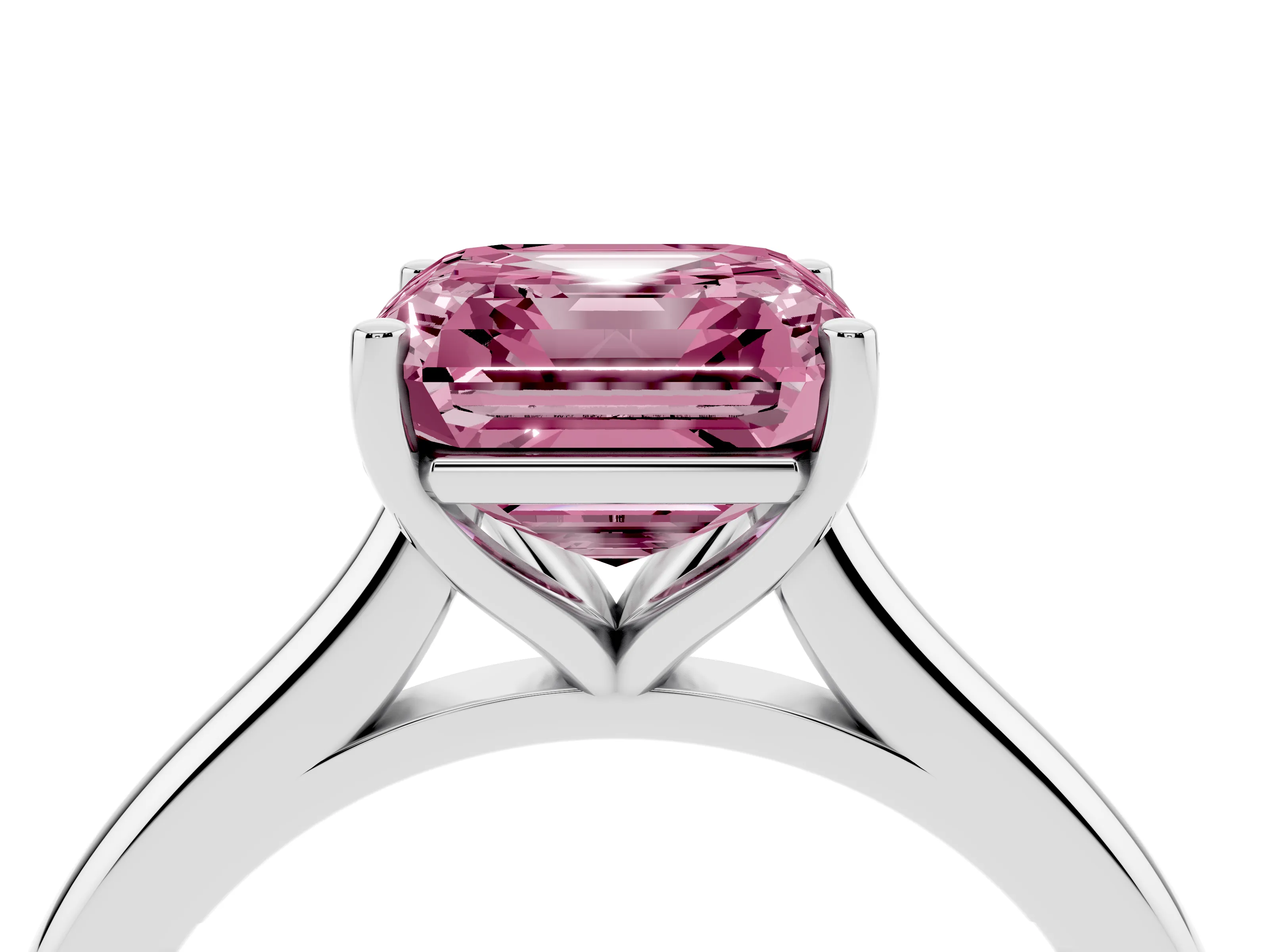 Fancy Pink Asscher Cut Diamond Solitaire Ring Set in Platinum with Cathedral Band and Prong Setting