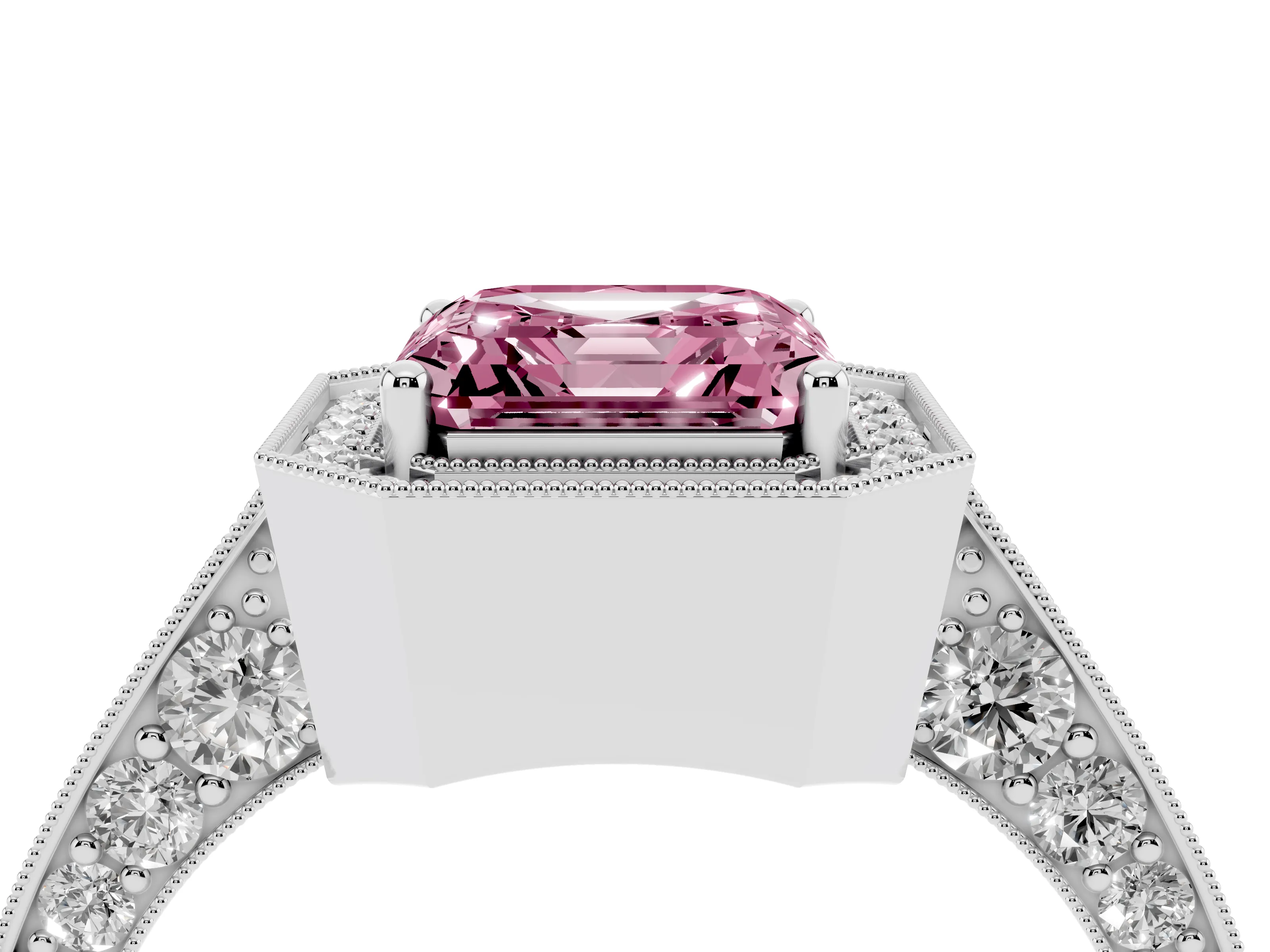 Fancy Pink Asscher Cut Diamond Halo Engagement Ring Set in Silver with Accent Split Shank Band