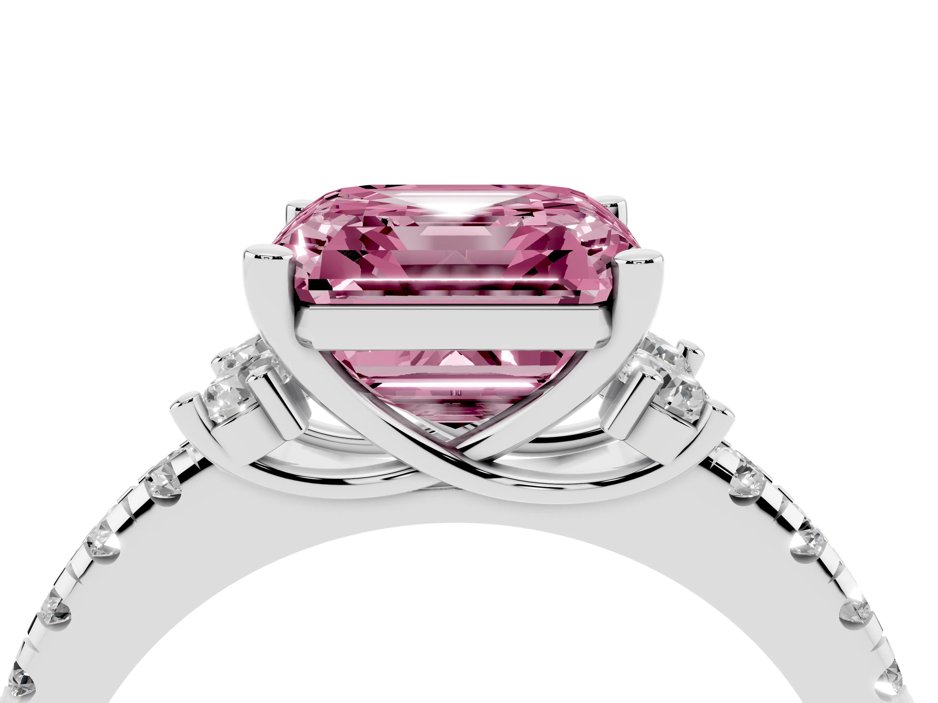 Fancy Pink Asscher Cut Diamond Three-Stone Pavé Ring Set in White gold with Prong Setting