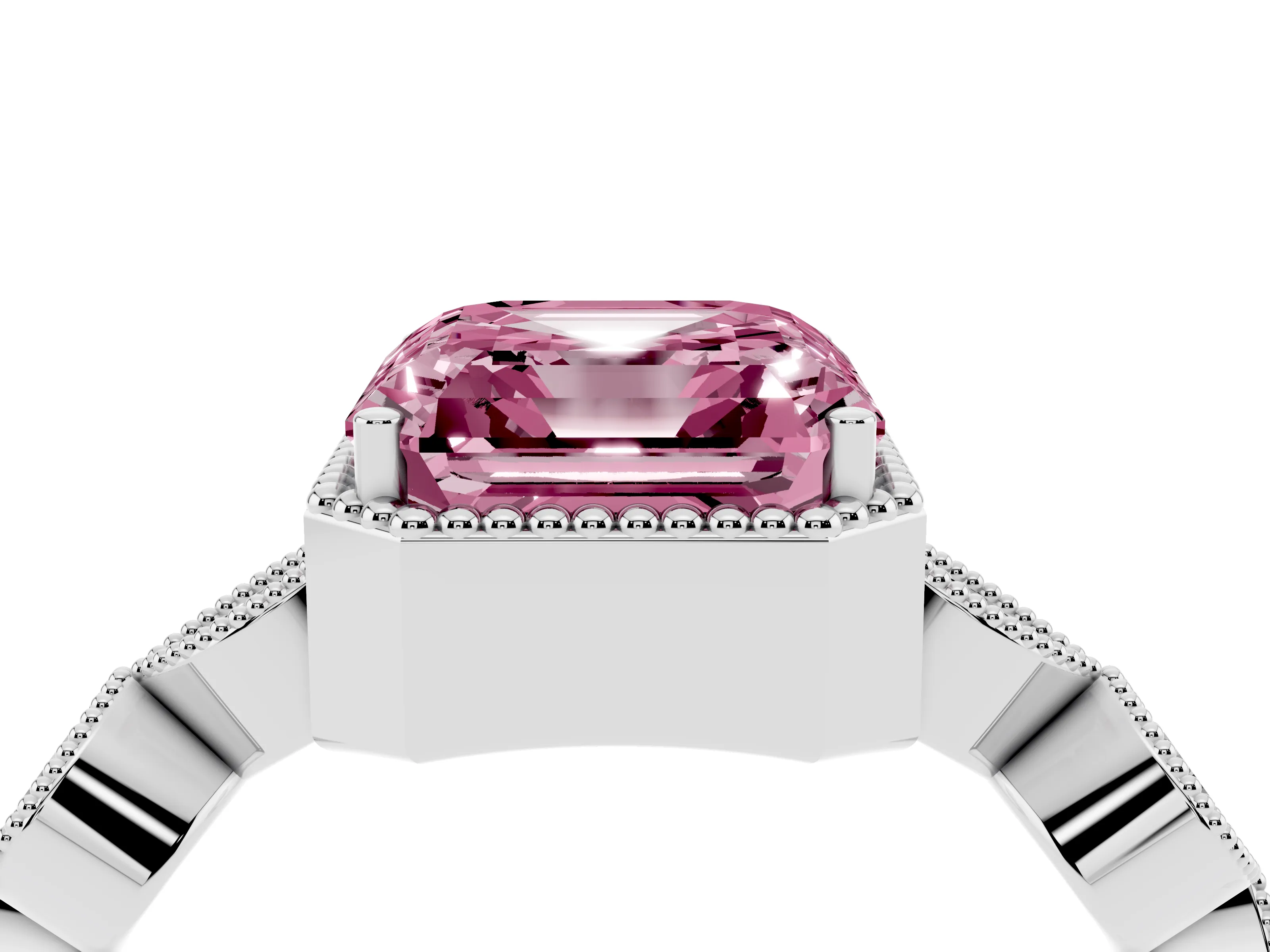 Fancy Pink Asscher Cut Diamond Vintage-Inspired Milgrain Ring Set in Platinum with Marquise Stations of Round Accents