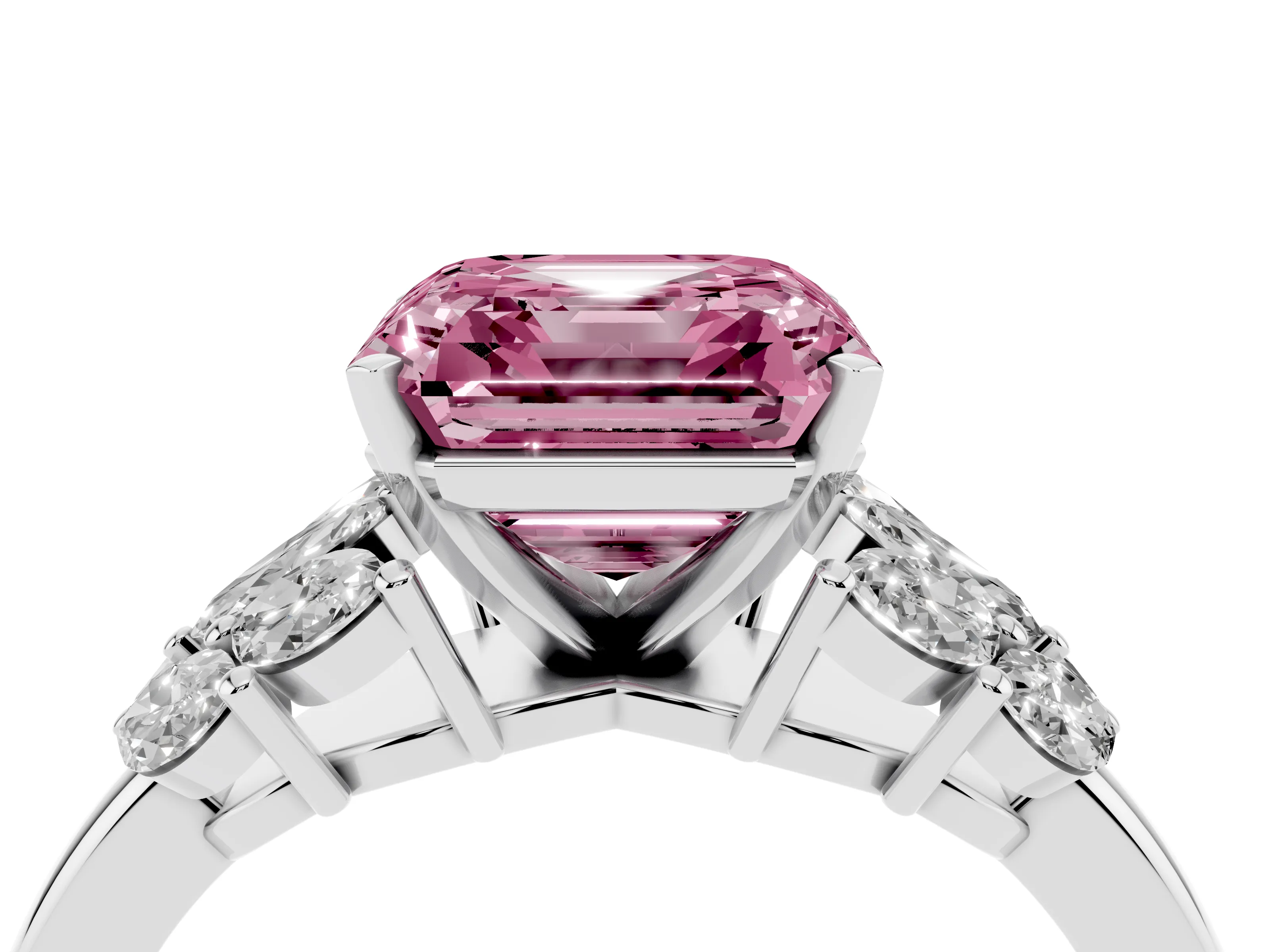Fancy Pink Asscher Cut Diamond Cluster Leaf Design Ring Set in White gold with Prong Setting