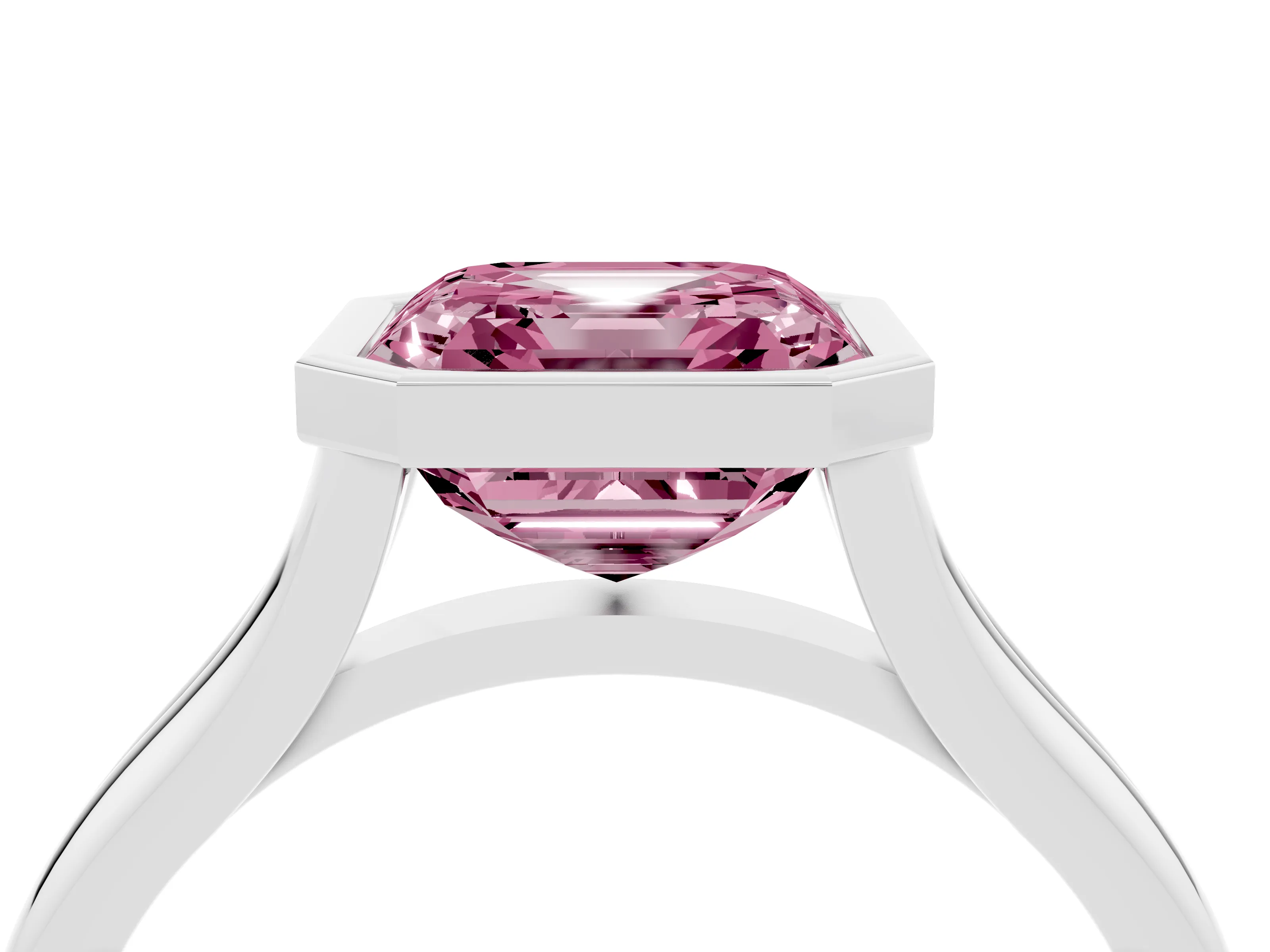 Fancy Pink Bezel Set Asscher Cut Diamond Solitaire Ring Set in Platinum with Tapered Band