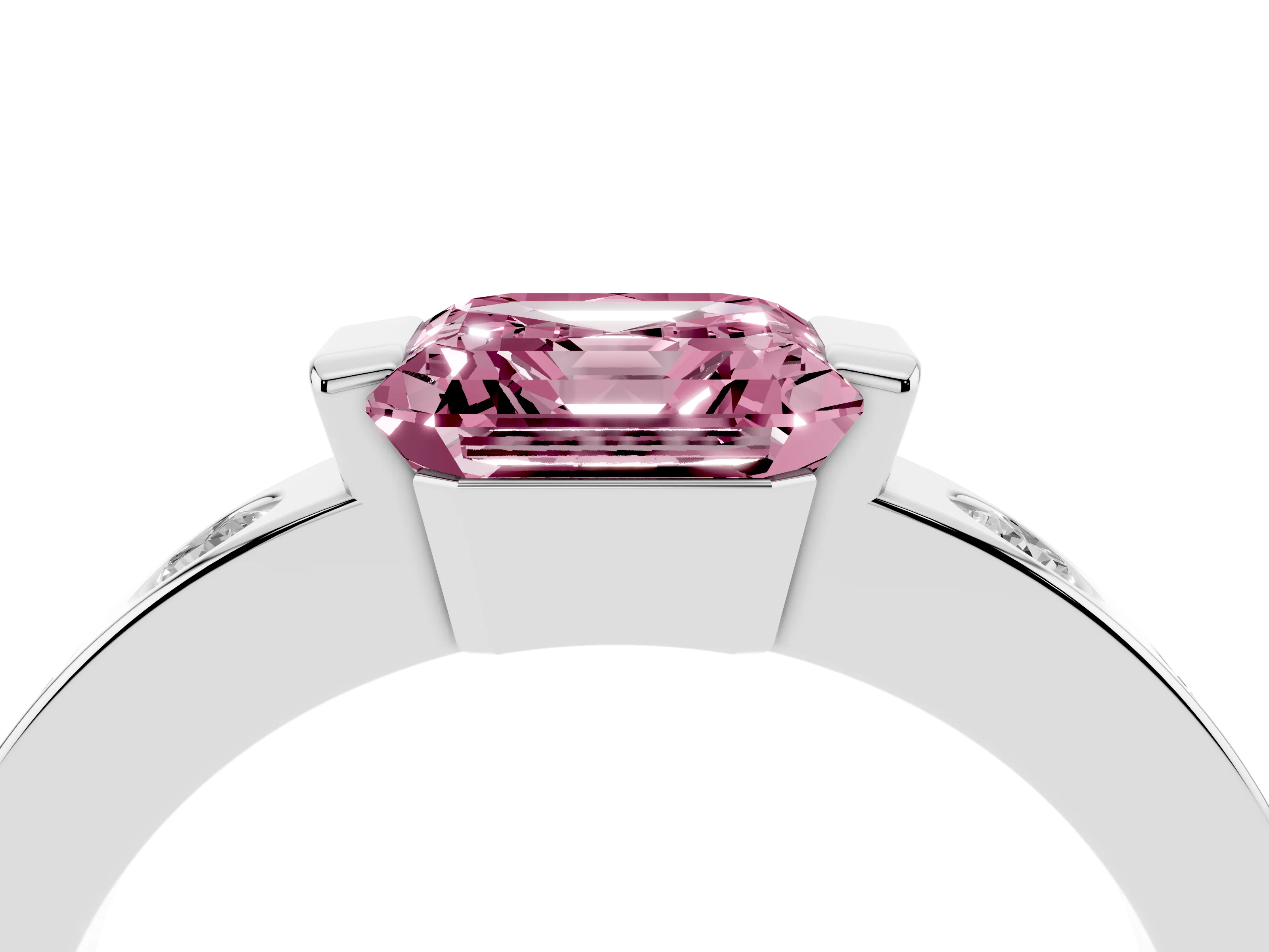 Fancy Pink Asscher Cut Diamond Channel-Set Band Ring Set in Silver with Bezel Prong Setting