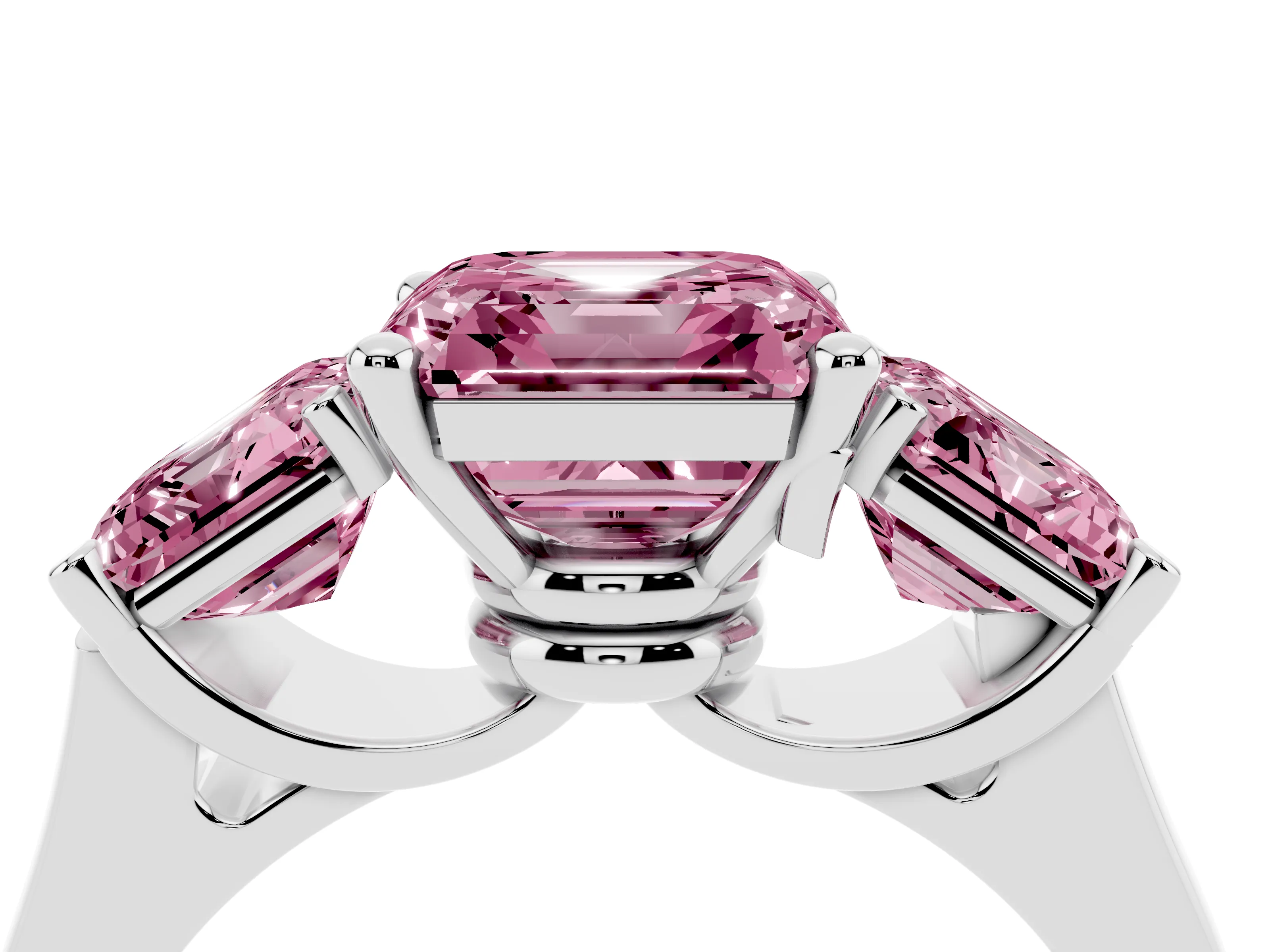 Fancy Pink Asscher Cut Diamond Three-Stone Trellis Ring Set in Silver with Comfort Fit Band