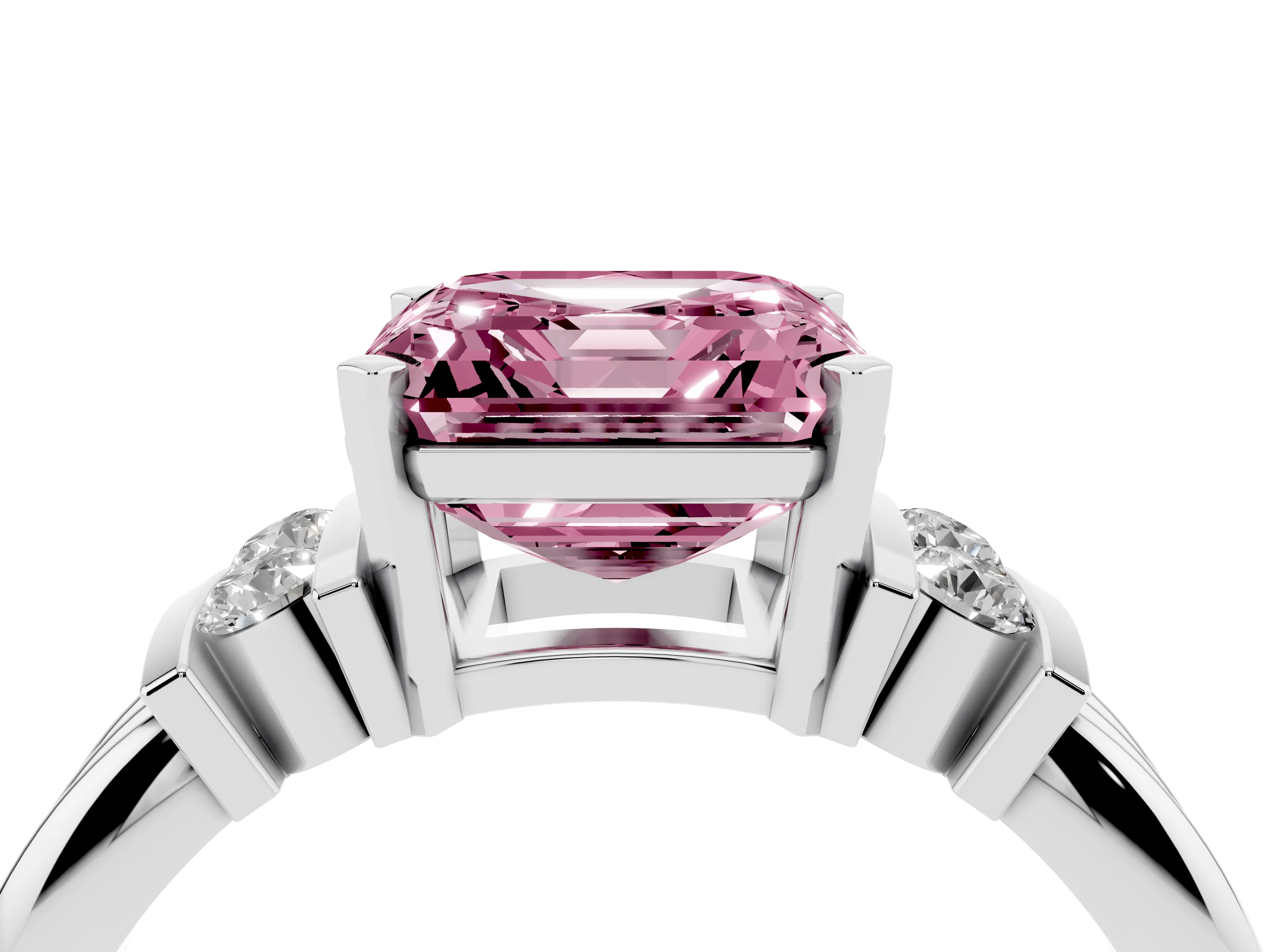 Fancy Pink Three-Stone Asscher Cut Diamond Channel Set Ring Set in Silver with Bar Prongs