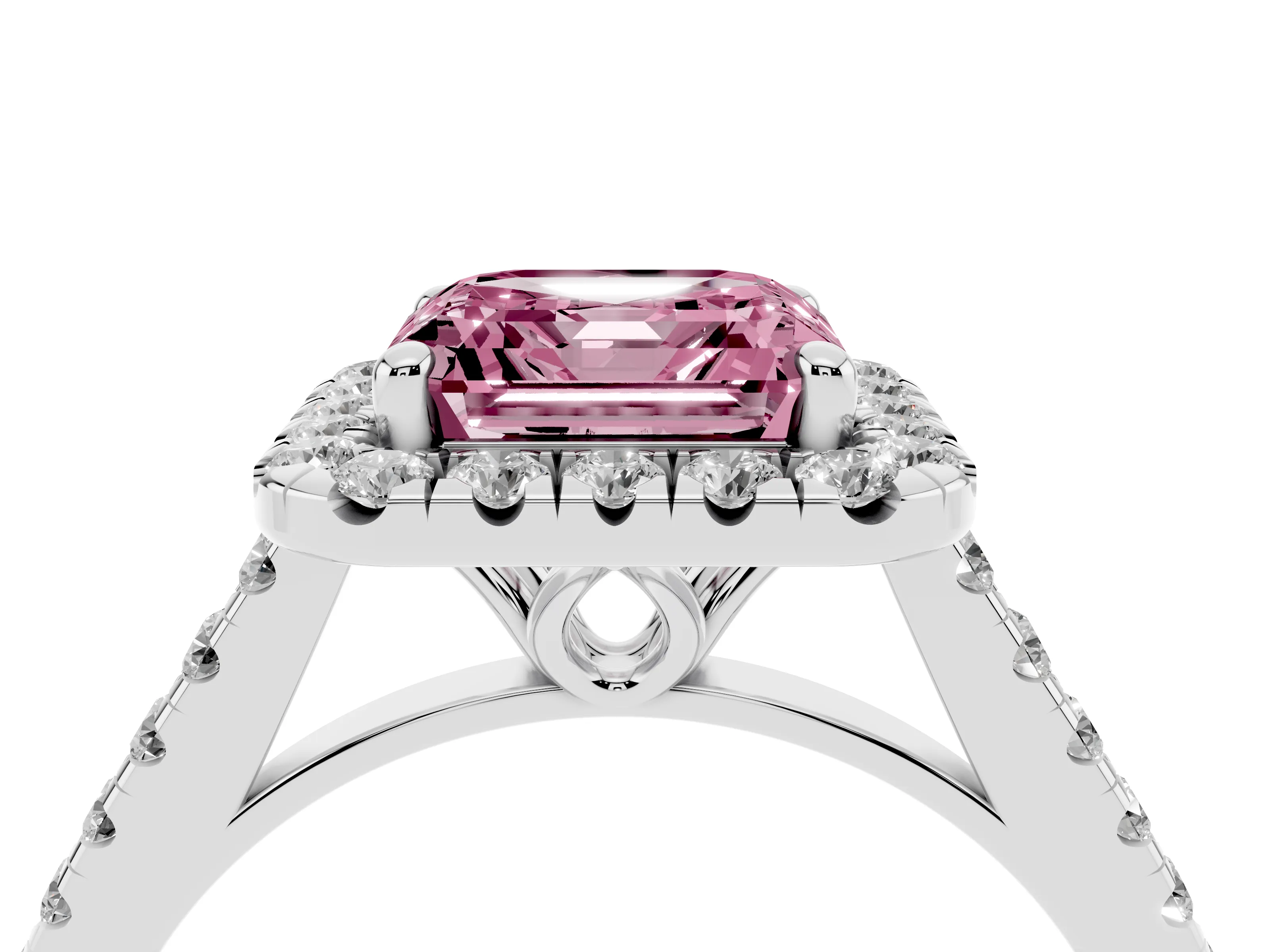 Fancy Pink Asscher Cut Diamond Pavé Halo Engagement Ring Set in White gold with Pavé Band and Prong Setting