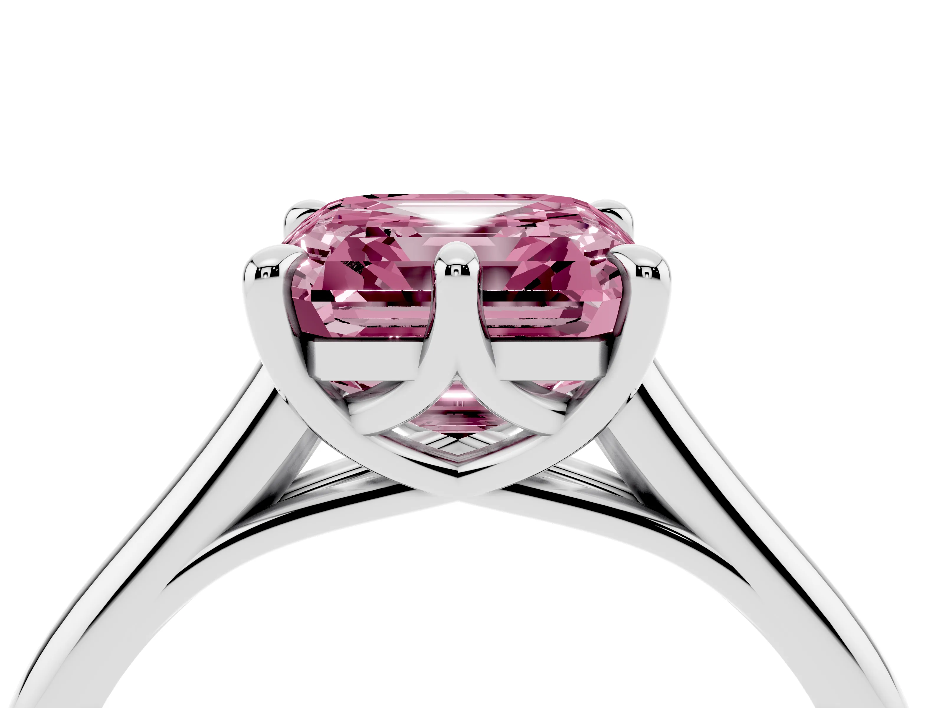 Fancy Pink Asscher Cut Diamond Solitaire Engagement Ring Set in Platinum with Prong Setting and Plain Classic Band