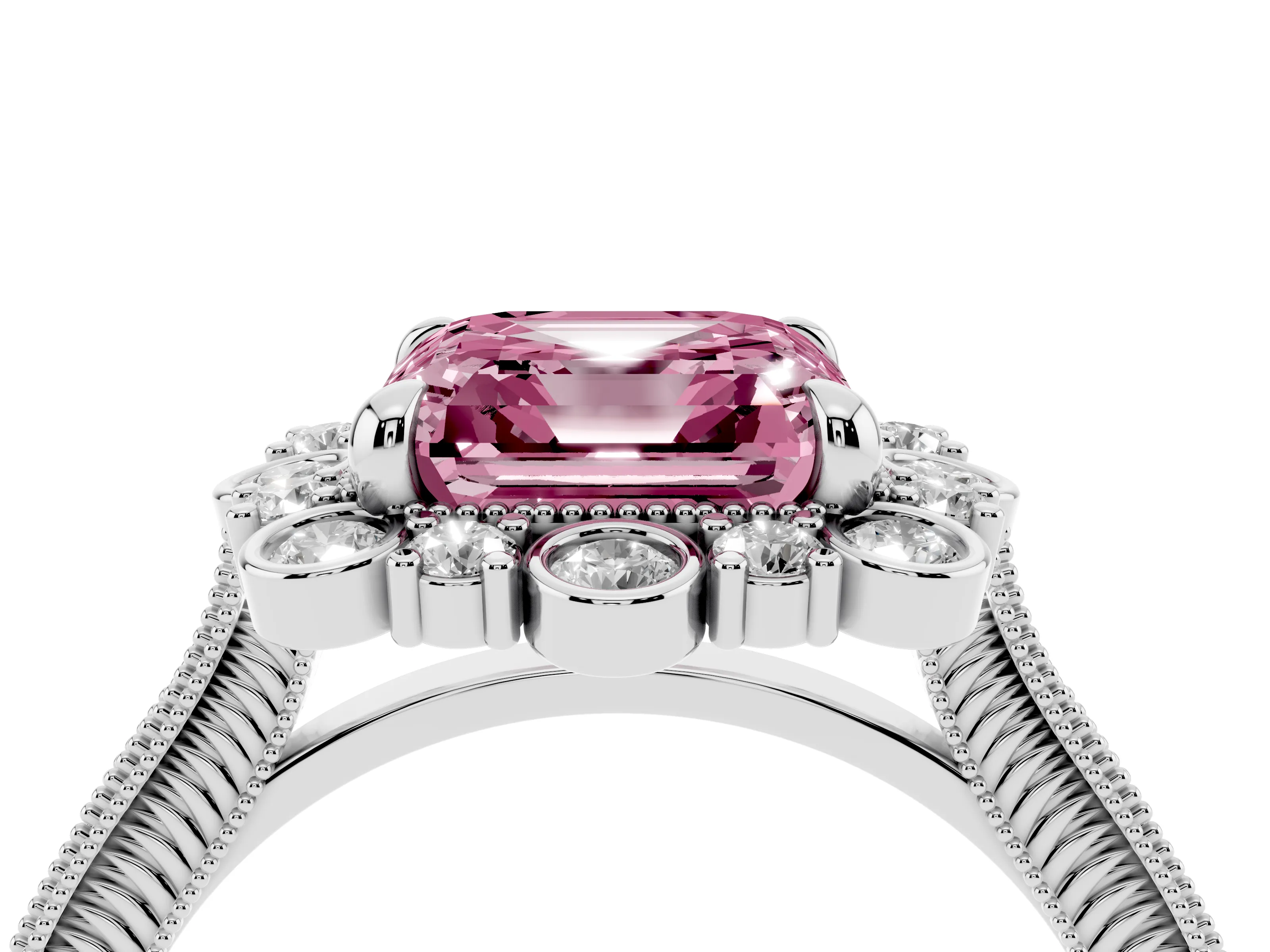 Fancy Pink Asscher Cut Diamond Halo Milgrain Pavé Ring Set in Platinum with Prong Setting