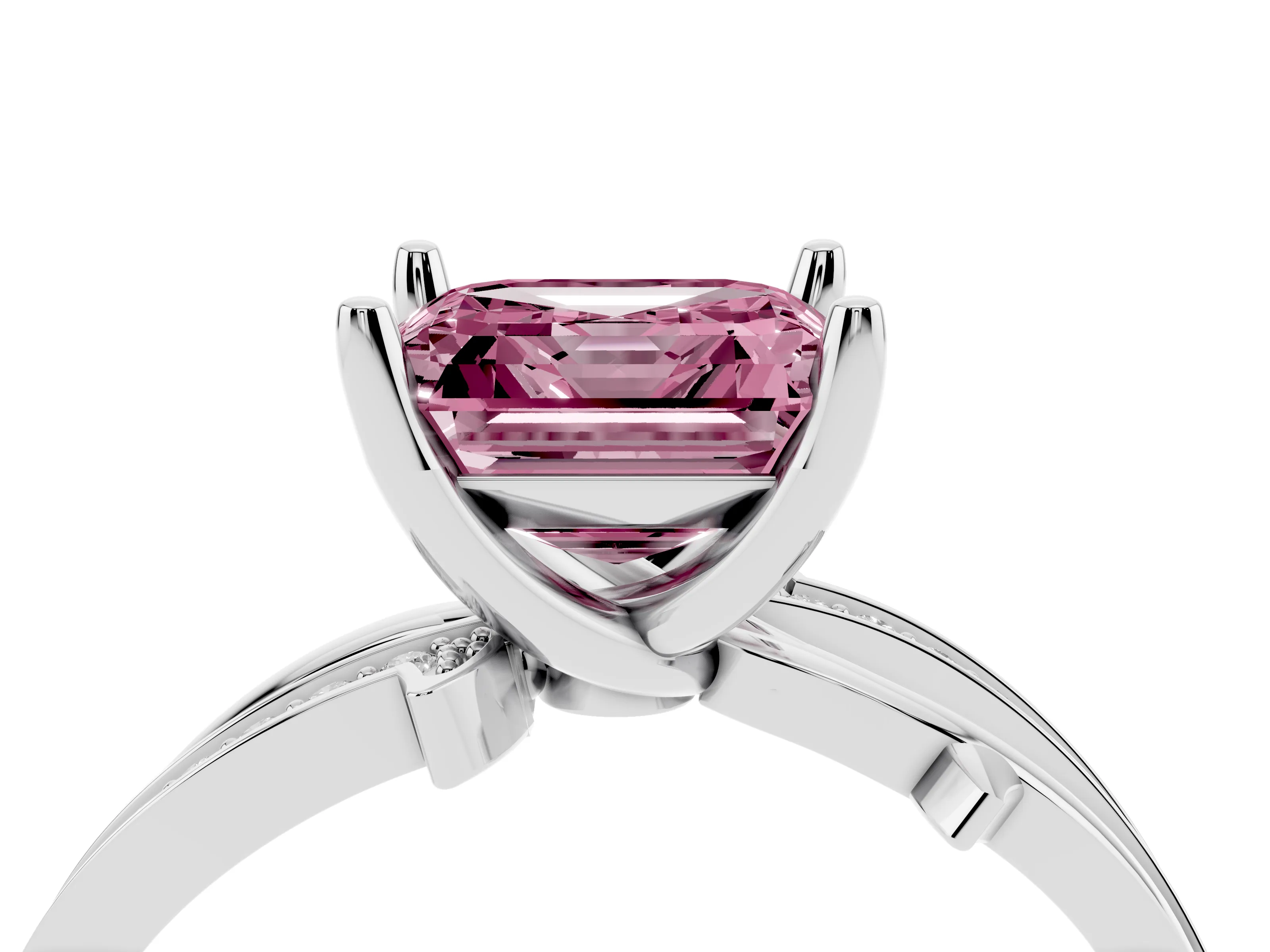 Fancy Pink Asscher Cut Diamond Pavé Twist Band Solitaire Ring Set in Platinum with Prong Setting