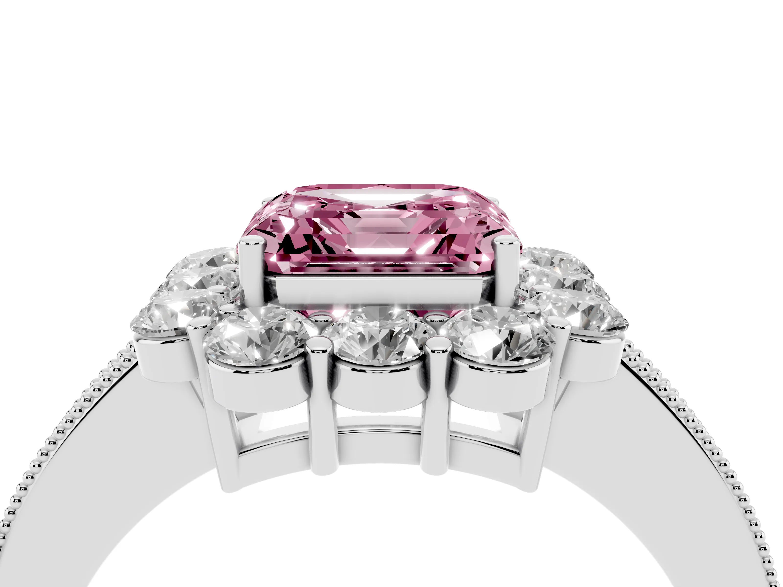 Fancy Pink Asscher Cut Diamond Halo Pavé Engagement Ring Set in White gold with Milgrain Detailing