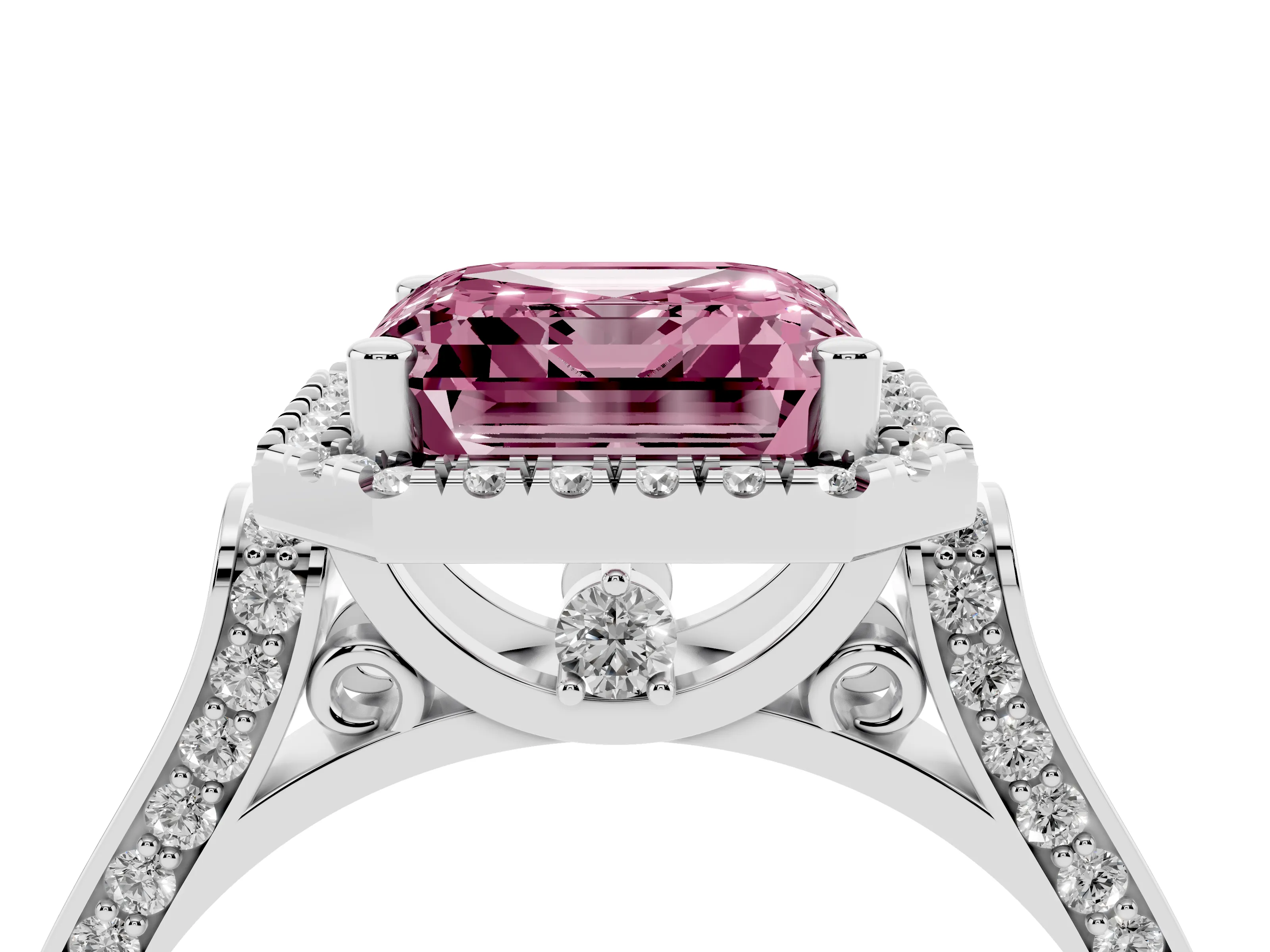 Fancy Pink Asscher Cut Diamond Halo Ring Set in Platinum with Pavé-Lined Split Shank Band