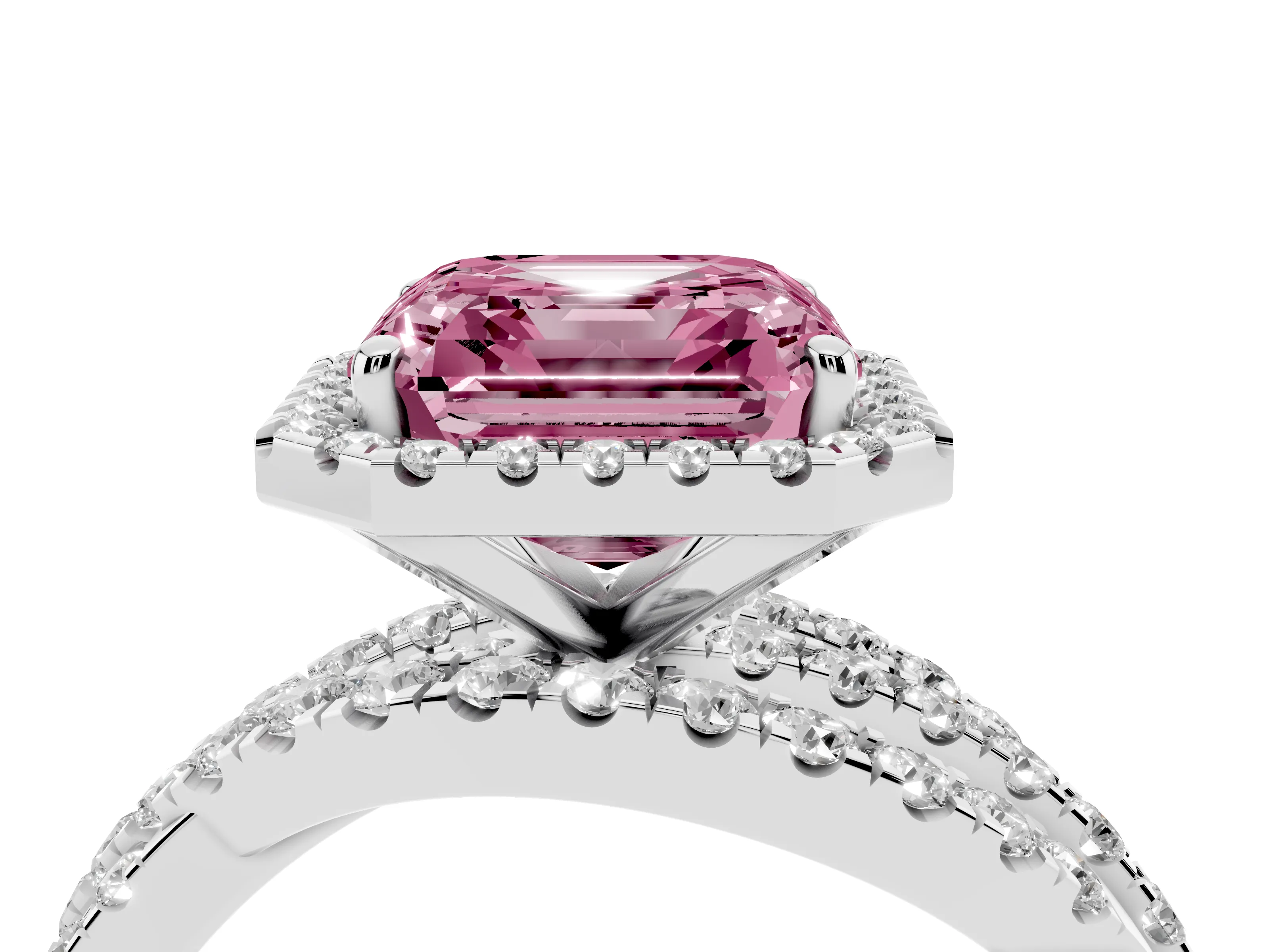 Fancy Pink Asscher Cut Diamond Halo Ring Set in Platinum with Round Crossover Split Shank and Prong Setting