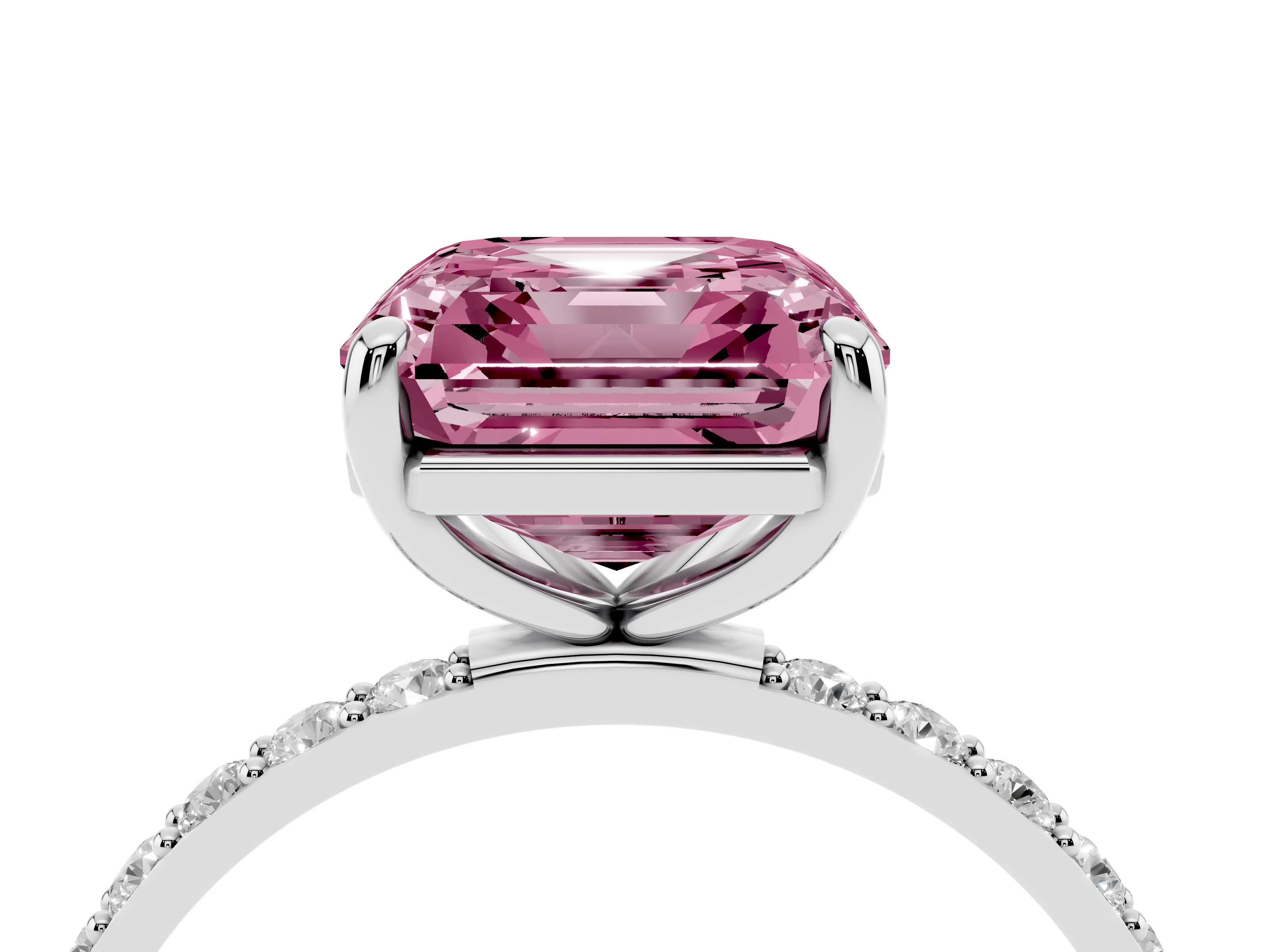 Fancy Pink Asscher Cut Diamond Solitaire Ring Set in Silver with Round Pavé Band and Prong Setting