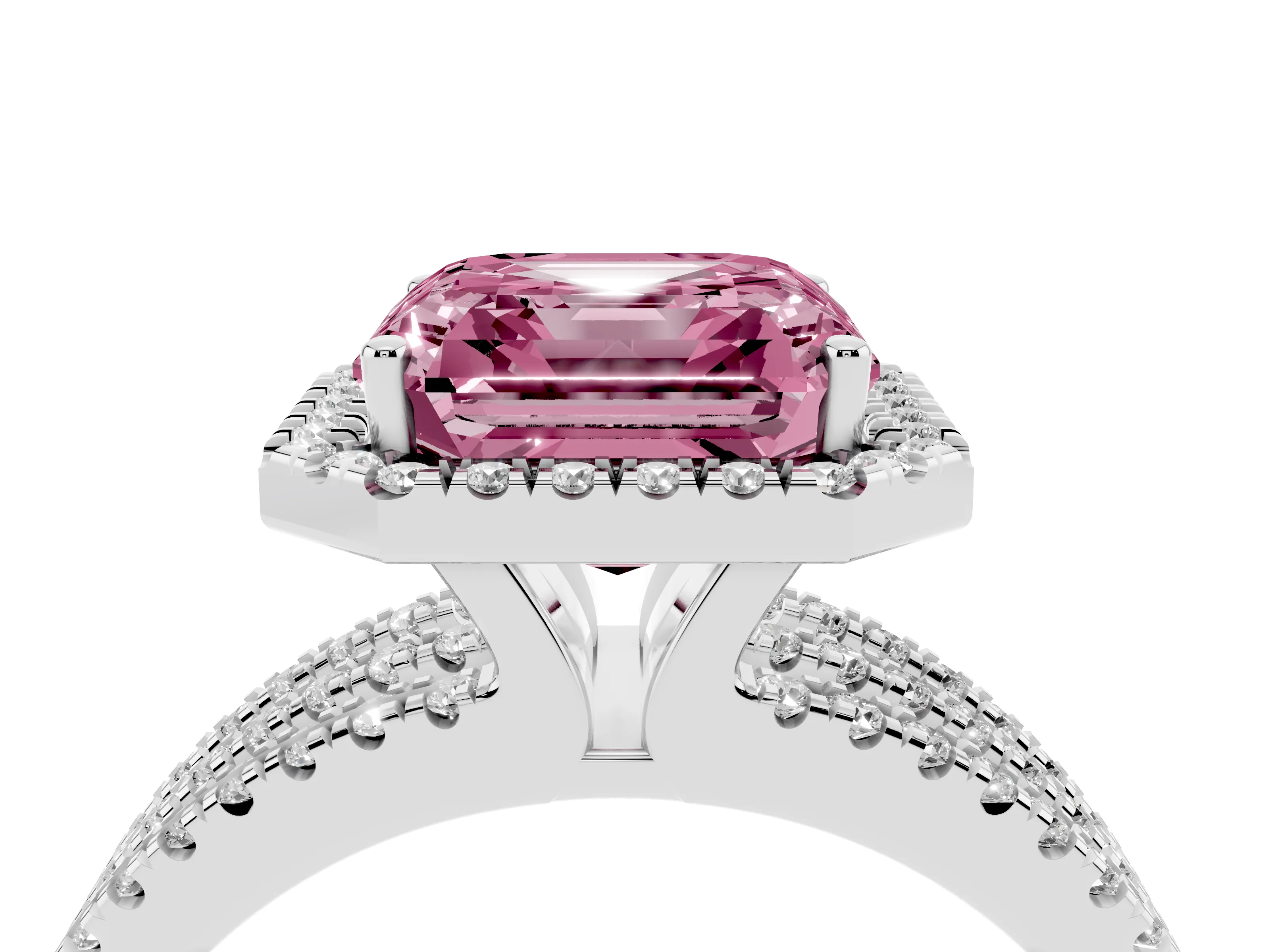 Fancy Pink Asscher Cut Diamond Halo Split Shank Engagement Ring Set in White gold with Prong Setting