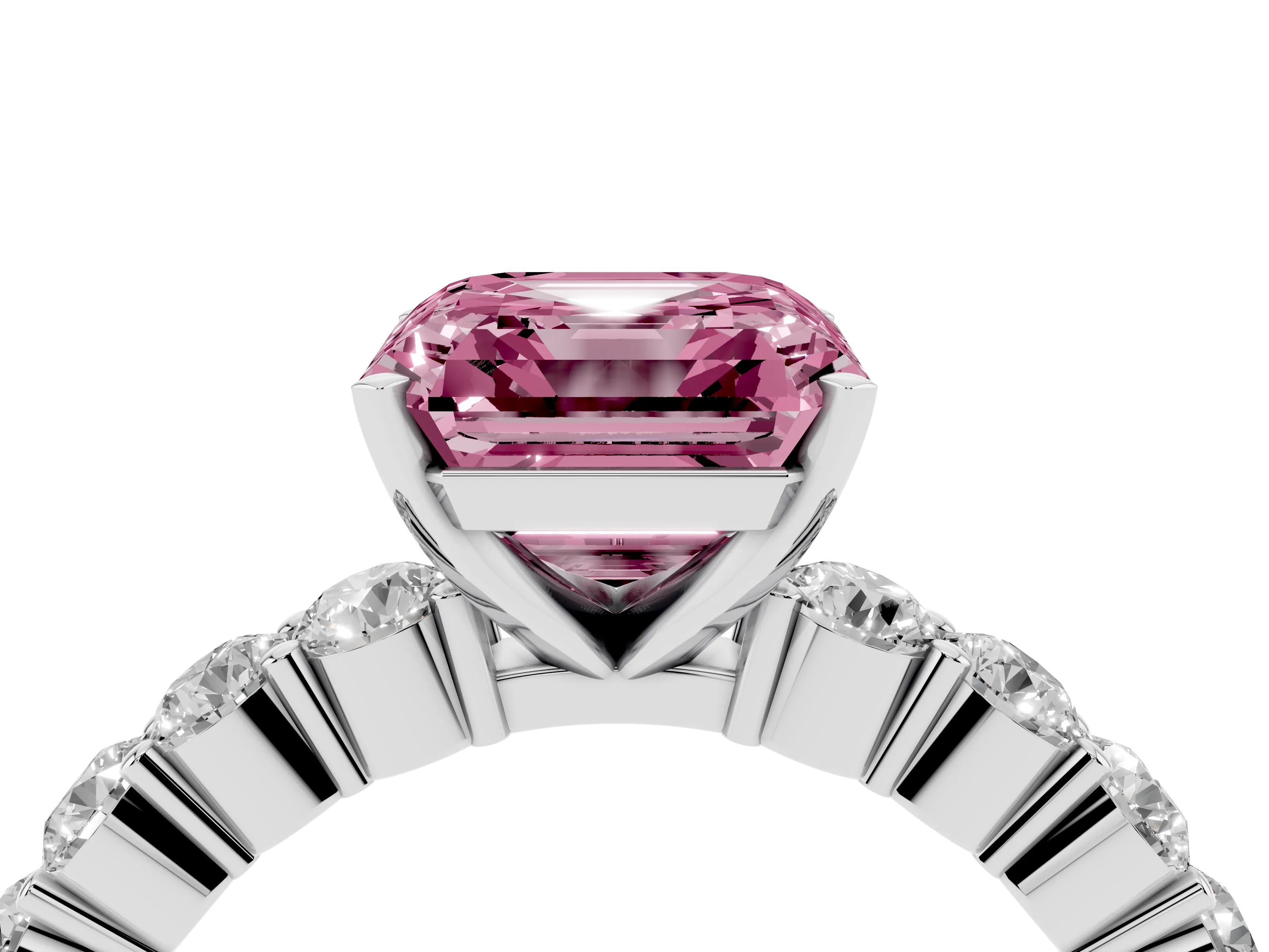 Fancy Pink Asscher Cut Diamond Solitaire Ring Set in White gold with Shared Prong Round Side Stones