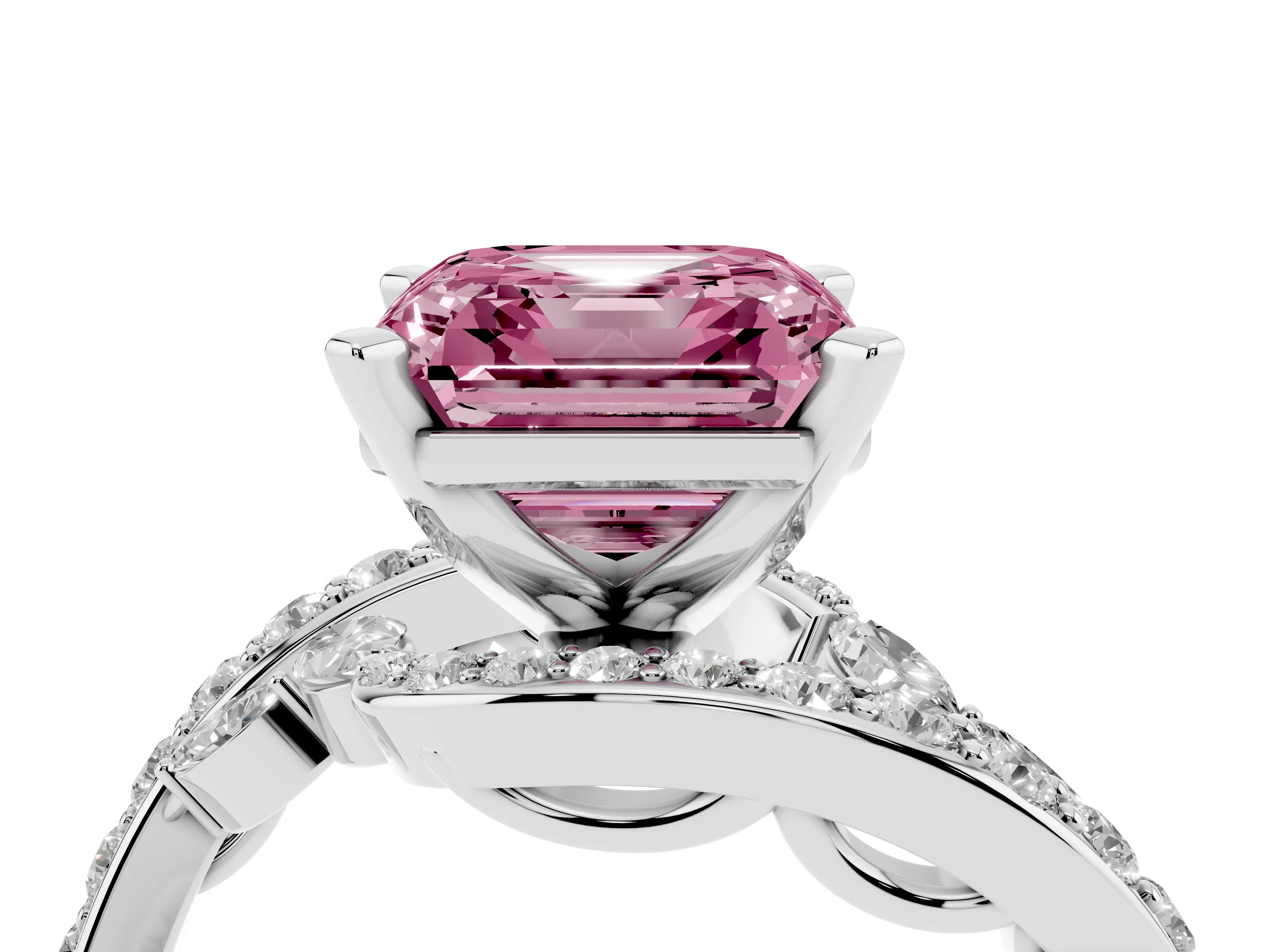 Fancy Pink Asscher Cut Diamond Solitaire Ring Set in Platinum with Pavé Twist Band and Secure Prong Setting