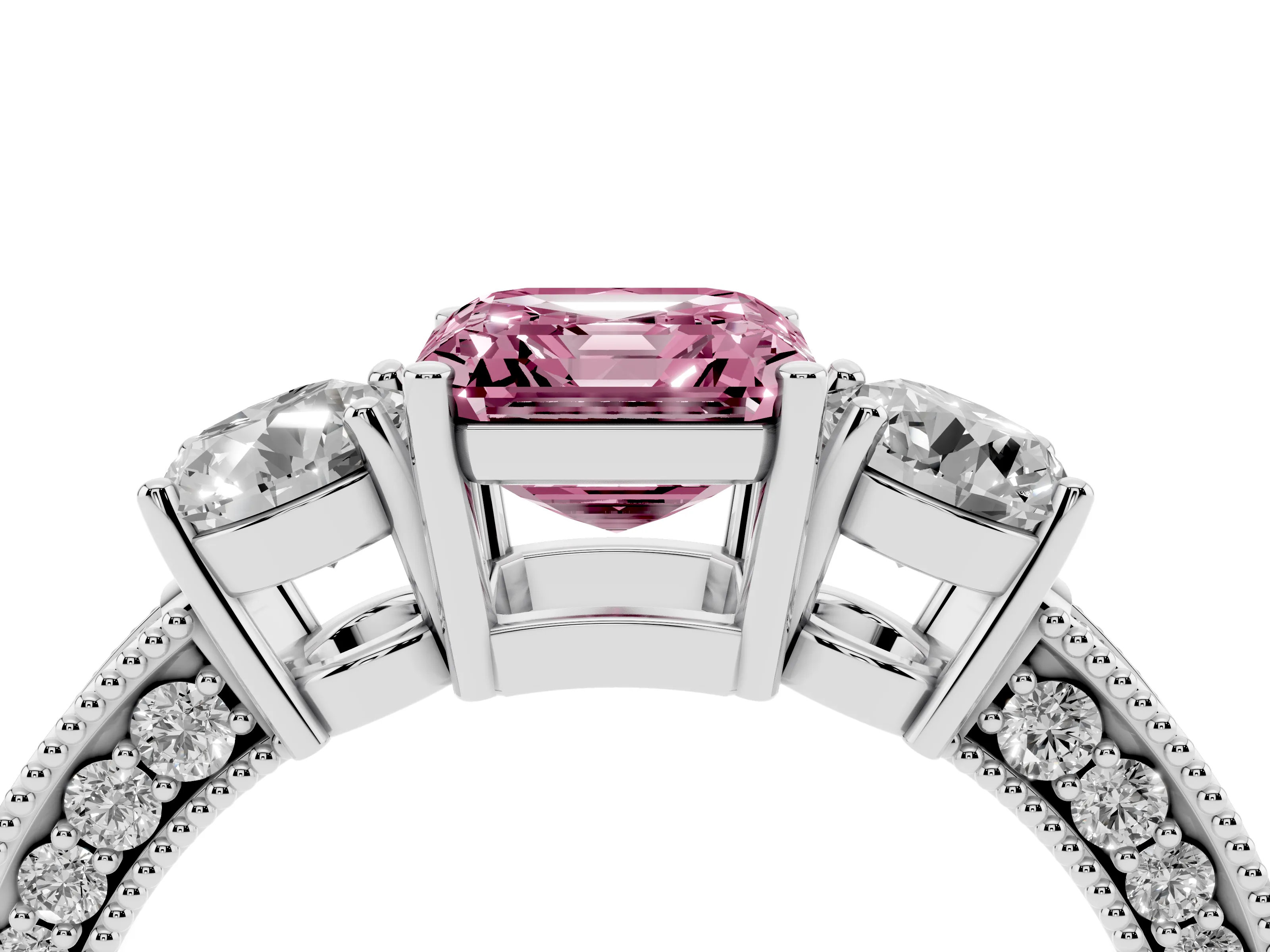 Fancy Pink Asscher Cut Diamond Three-Stone Ring Set in Platinum with Round Side Stones and Pavé Band