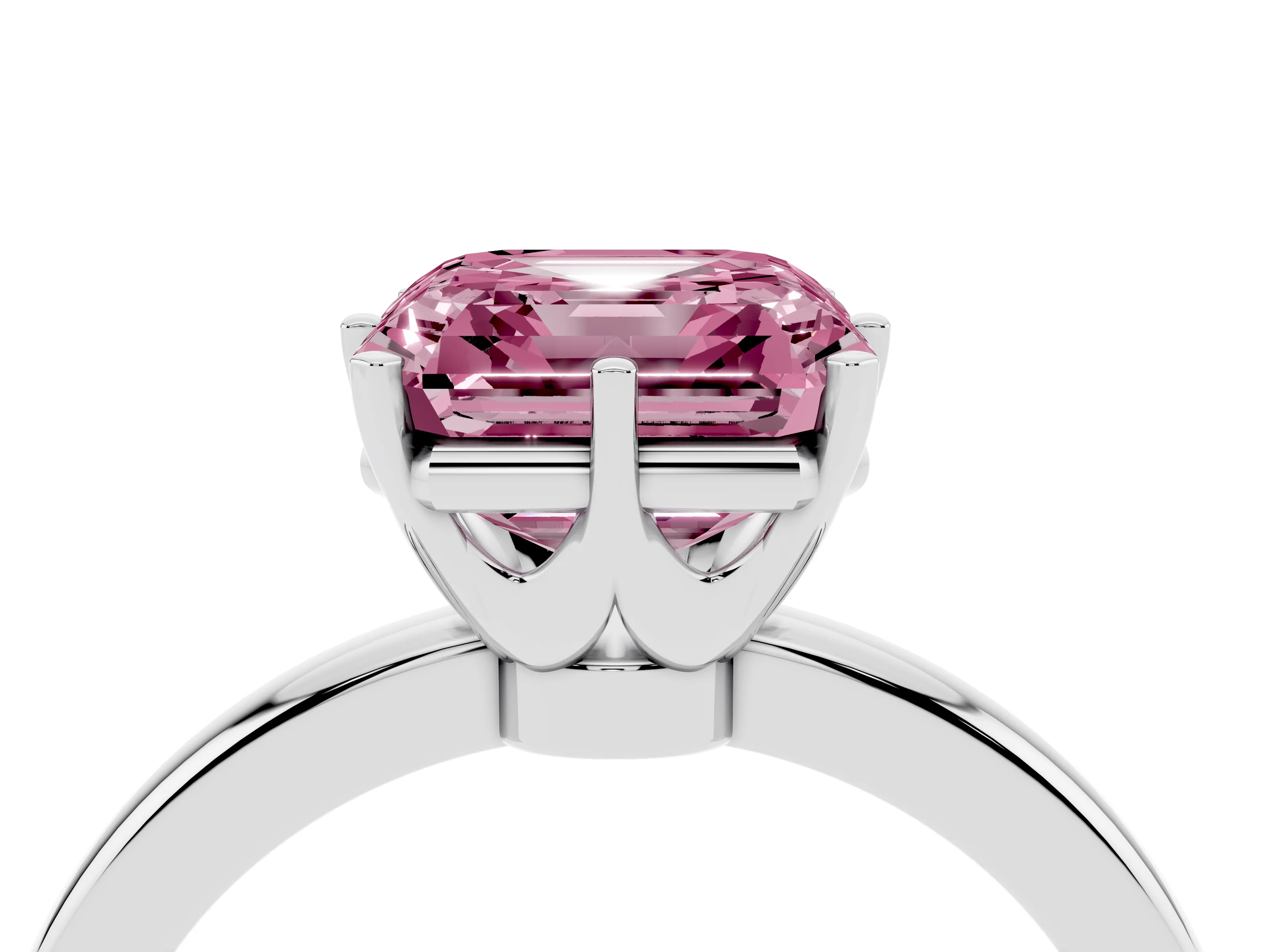 Fancy Pink Asscher Cut Diamond Solitaire Ring Set in White gold with Raised Prong Setting on a Classic Band