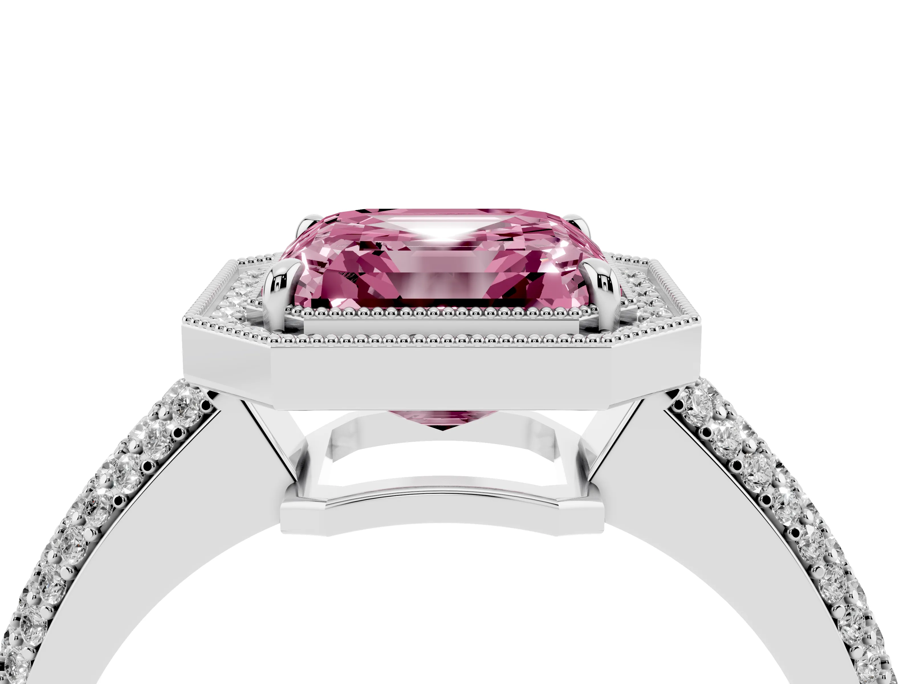 Fancy Pink Asscher Cut Diamond Halo Pavé Band Set in White gold with Prong Setting