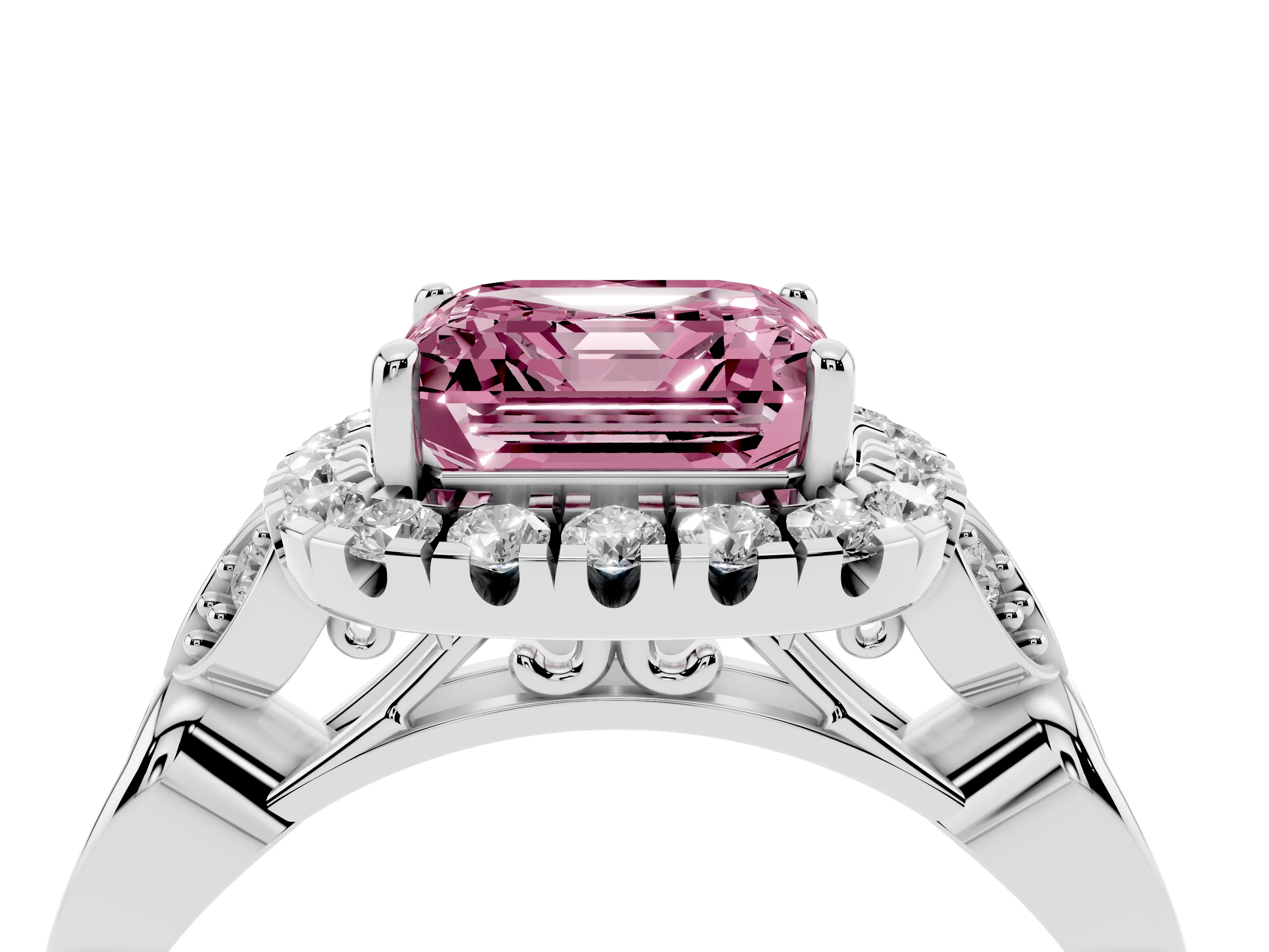 Fancy Pink Asscher Cut Diamond Halo Engagement Ring Set in Platinum with Vintage-Inspired Band and Prong Setting