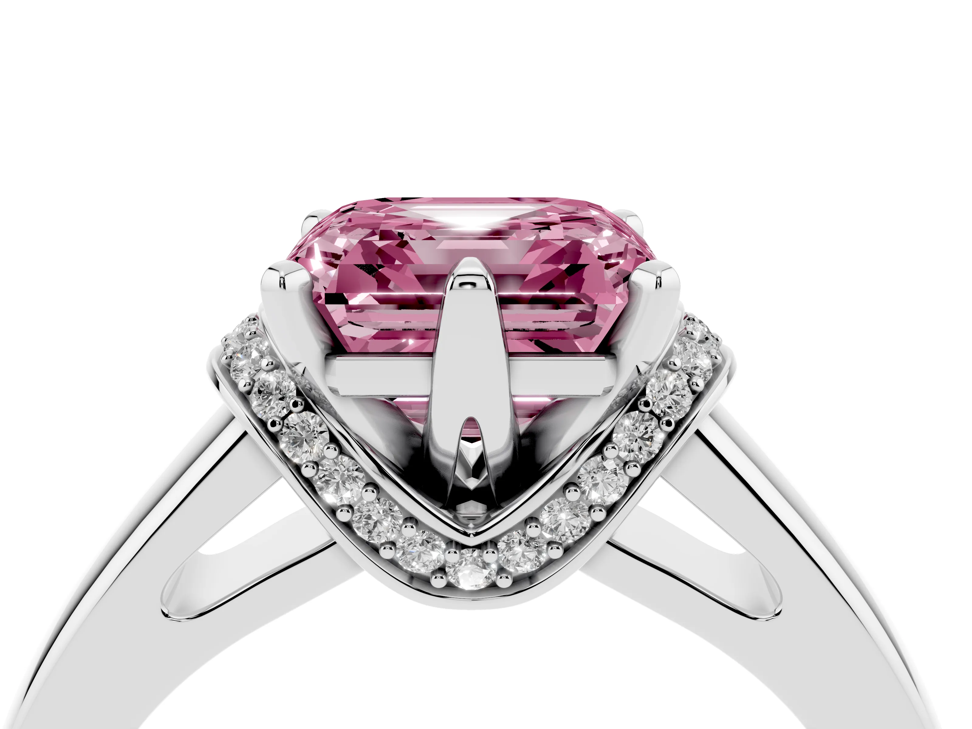 Fancy Pink Asscher Cut Diamond Pavé Band Solitaire Ring Set in Silver with Prong Setting