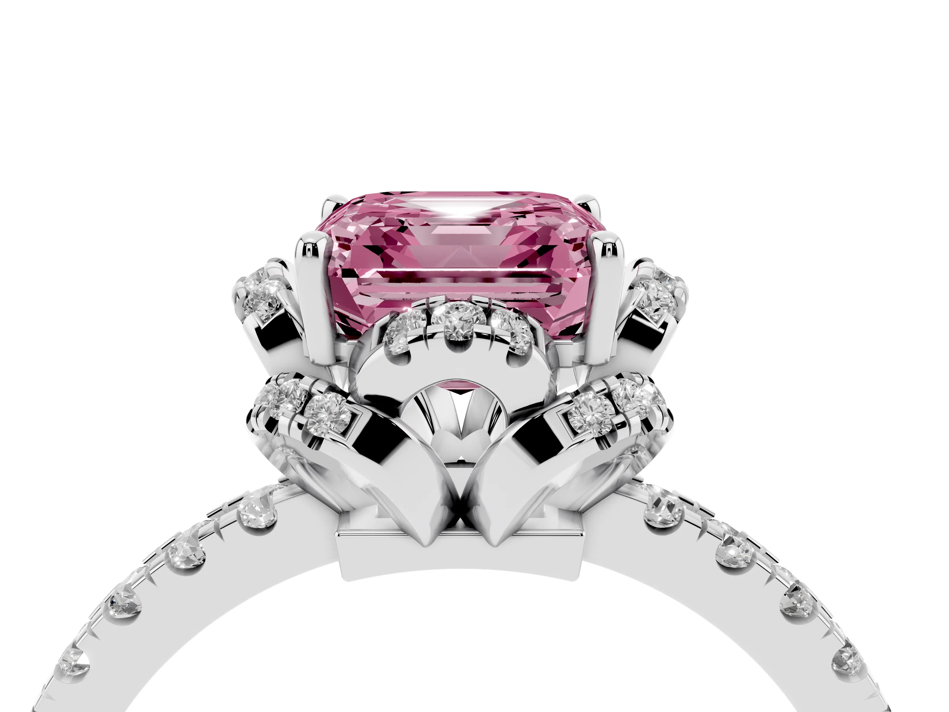 Fancy Pink Asscher Cut Diamond Halo Pavé Band Ring Set in Silver with Prong-Held Center