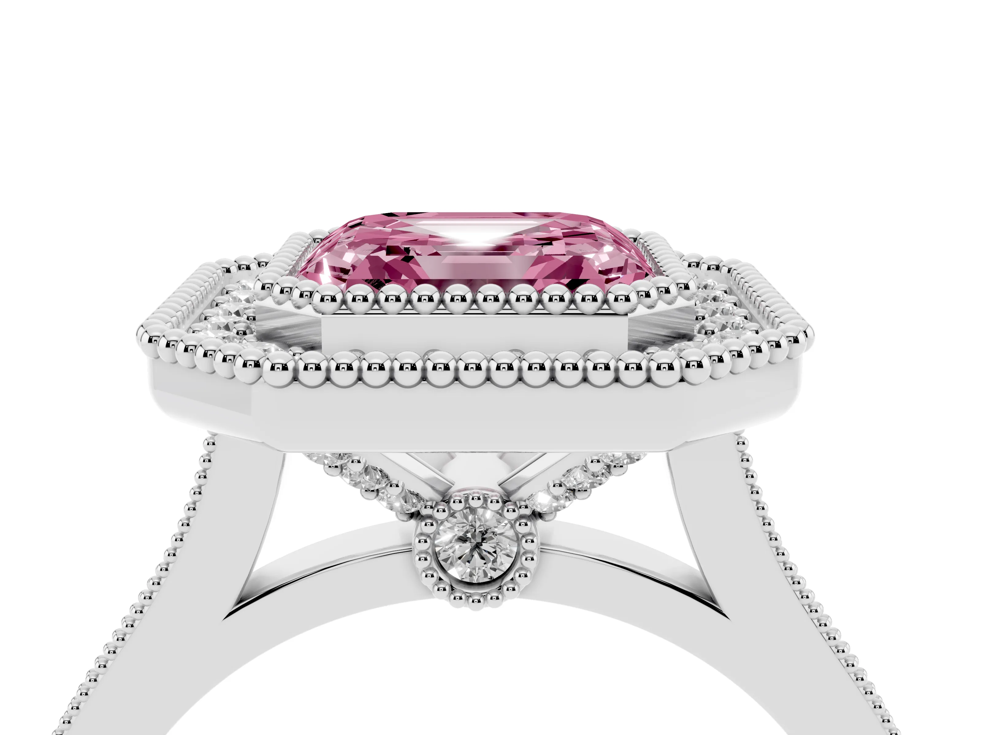 Fancy Pink Asscher Cut Diamond Halo Ring Set in White gold with Milgrain Frame and Pavé Band
