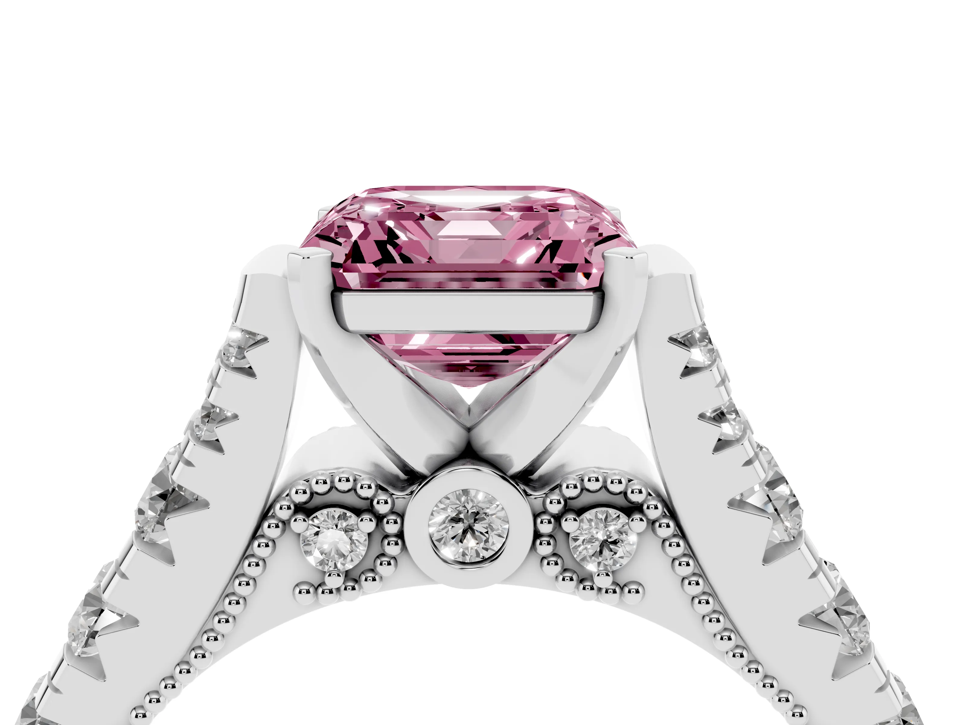 Fancy Pink Asscher Cut Diamond Classic Solitaire Ring Set in Platinum with Pavé Band and Prong Setting