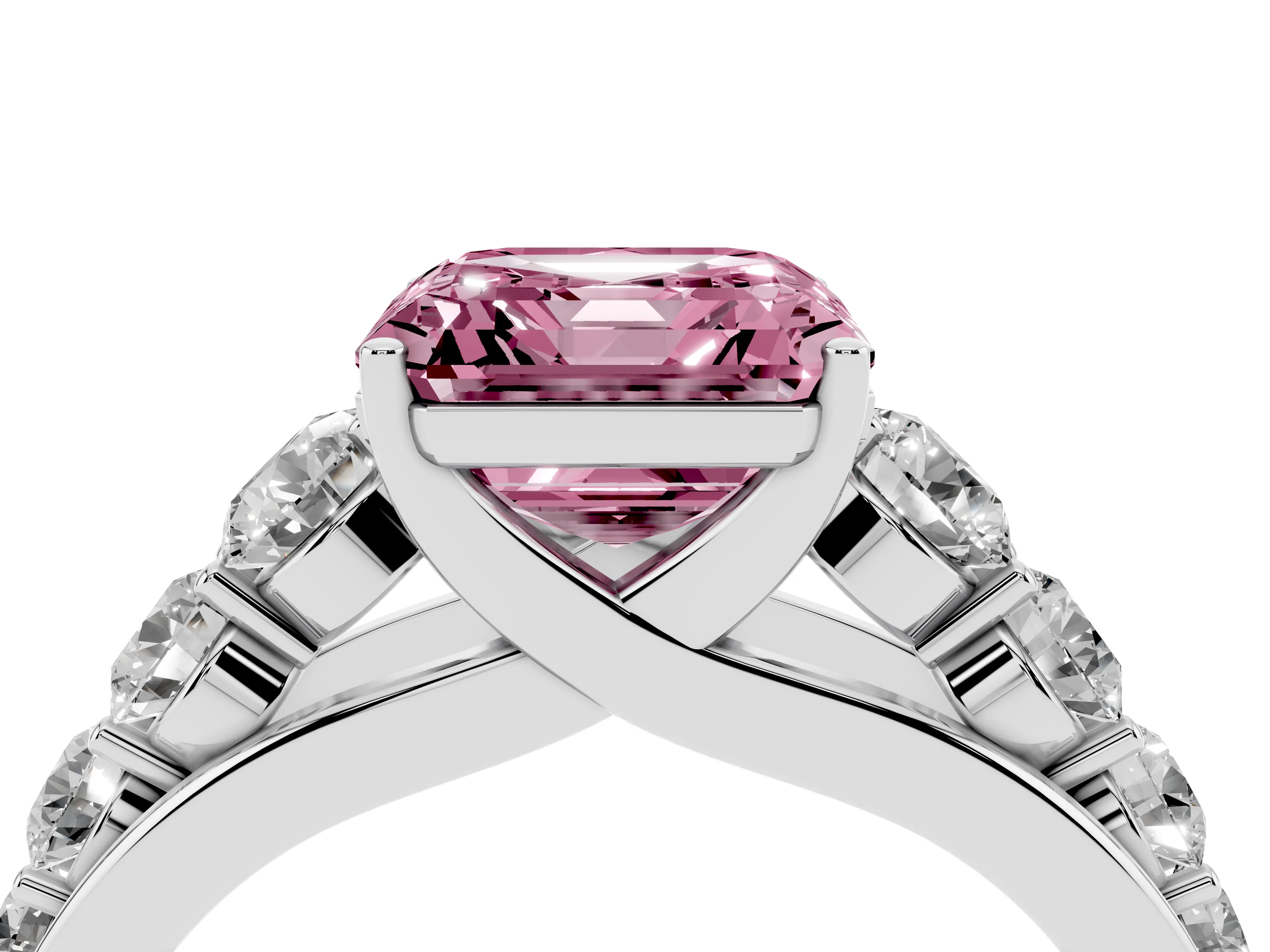Fancy Pink Asscher Cut Diamond Solitaire Ring Set in White gold with Pavé-Set Band and Prong Setting