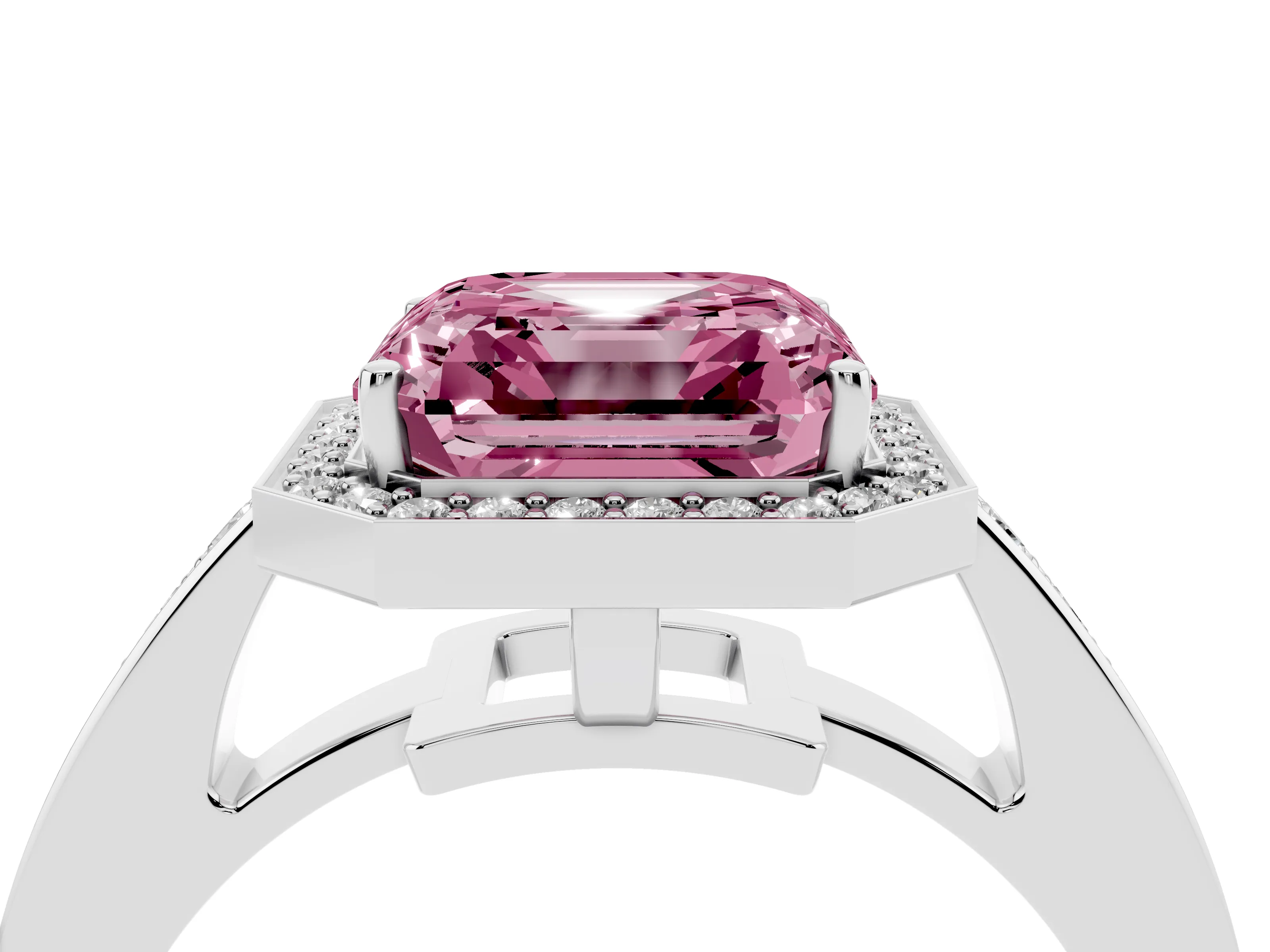 Fancy Pink Asscher Cut Diamond Halo Pavé Engagement Ring Set in Silver with Bezel Setting