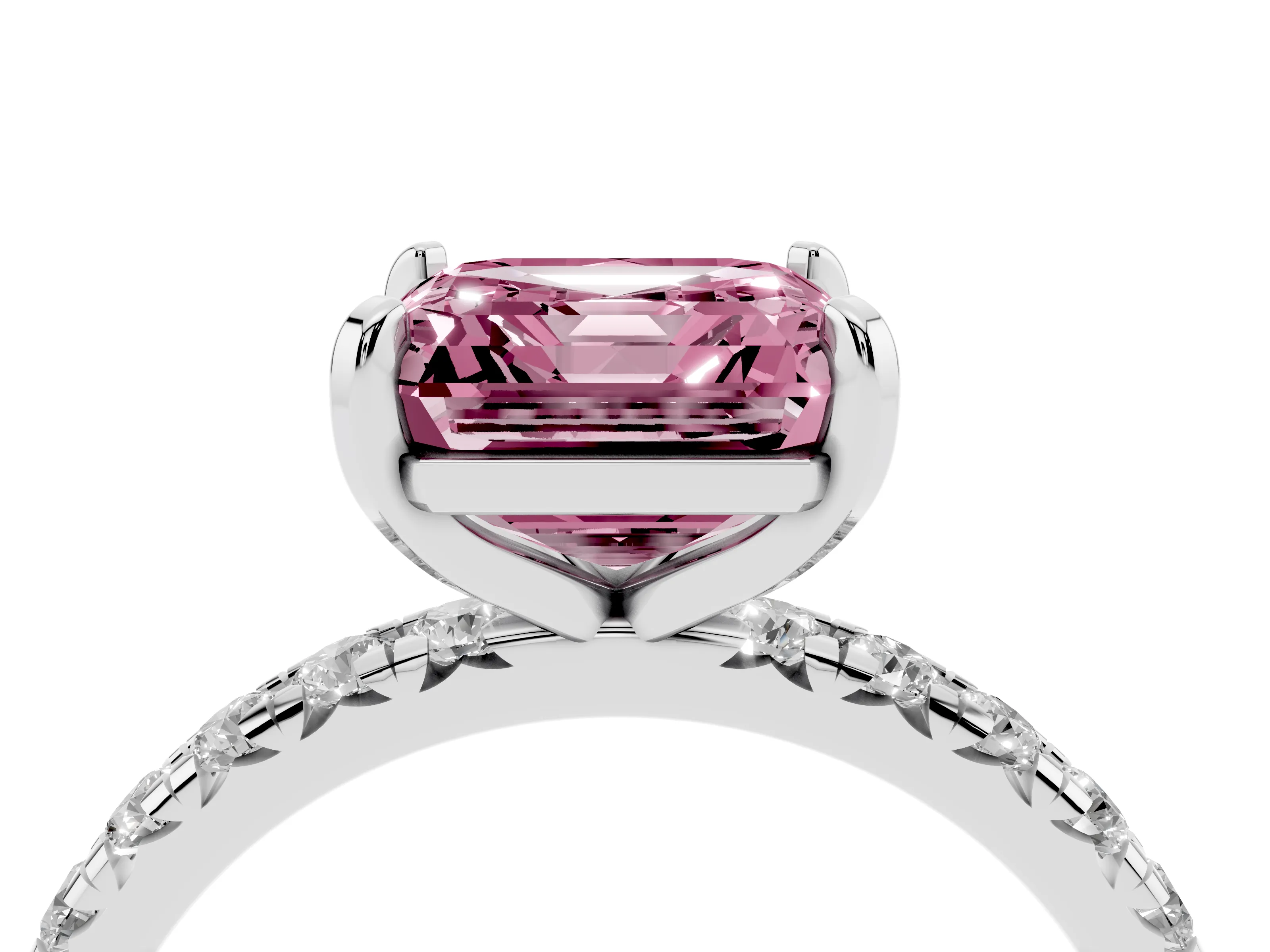 Fancy Pink Asscher Cut Diamond Pavé Solitaire Ring Set in Silver with Round Band and Prong Setting