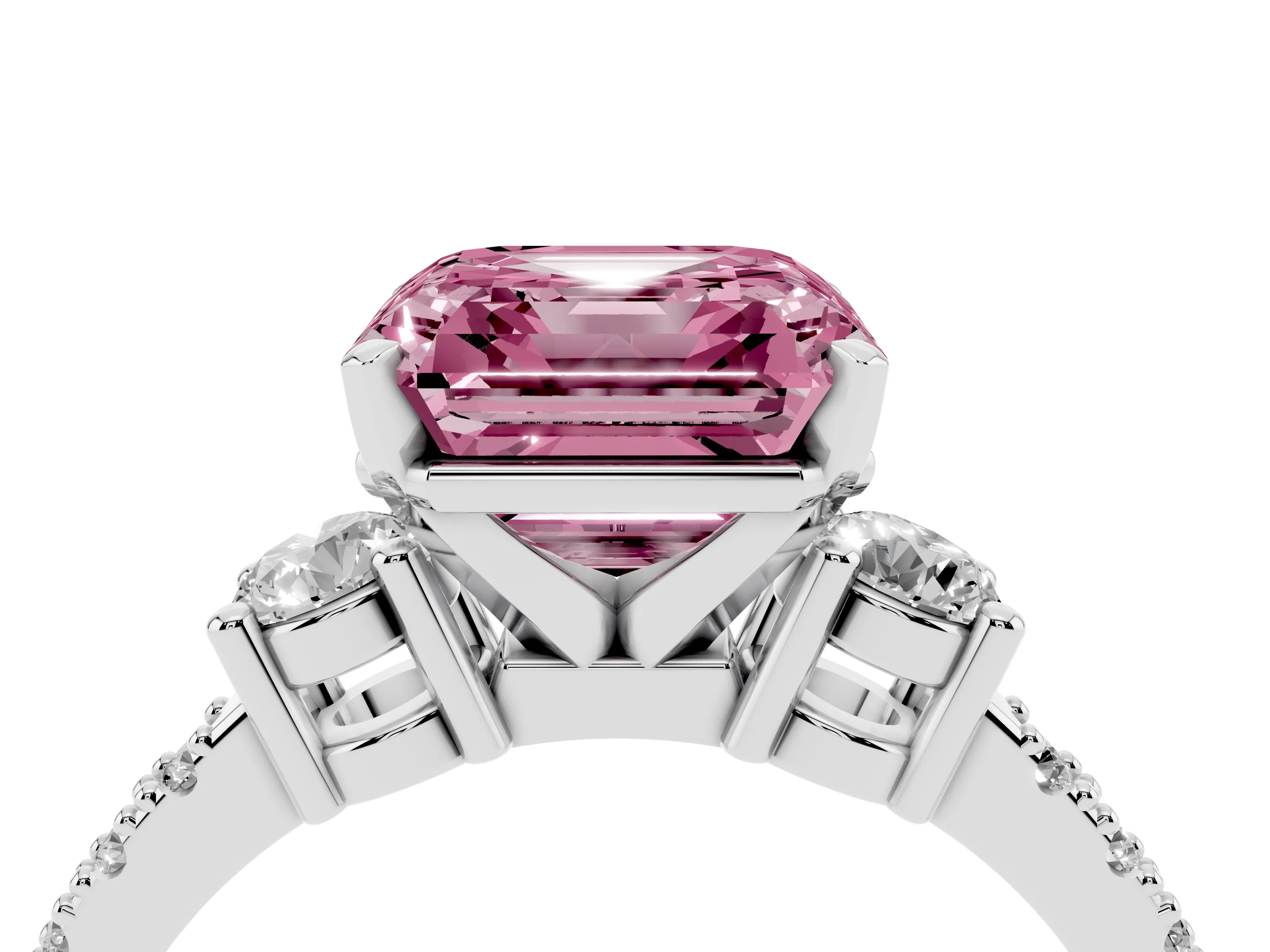 Fancy Pink Three-Stone Asscher Cut Diamond Pavé Band Ring Set in Platinum with Prong Setting