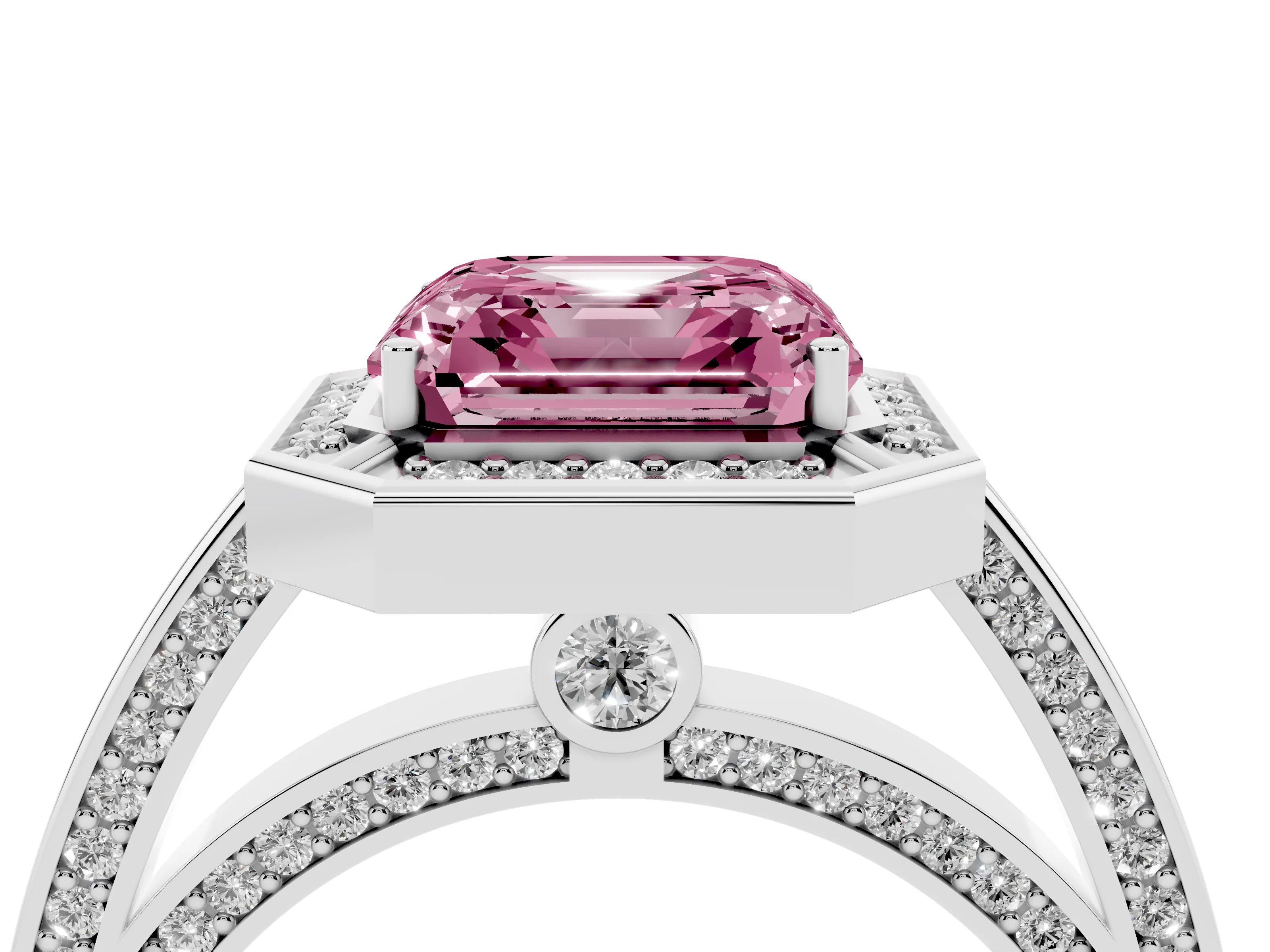Fancy Pink Asscher Cut Diamond Halo Pavé Split Shank Ring Set in White gold with Prong Setting