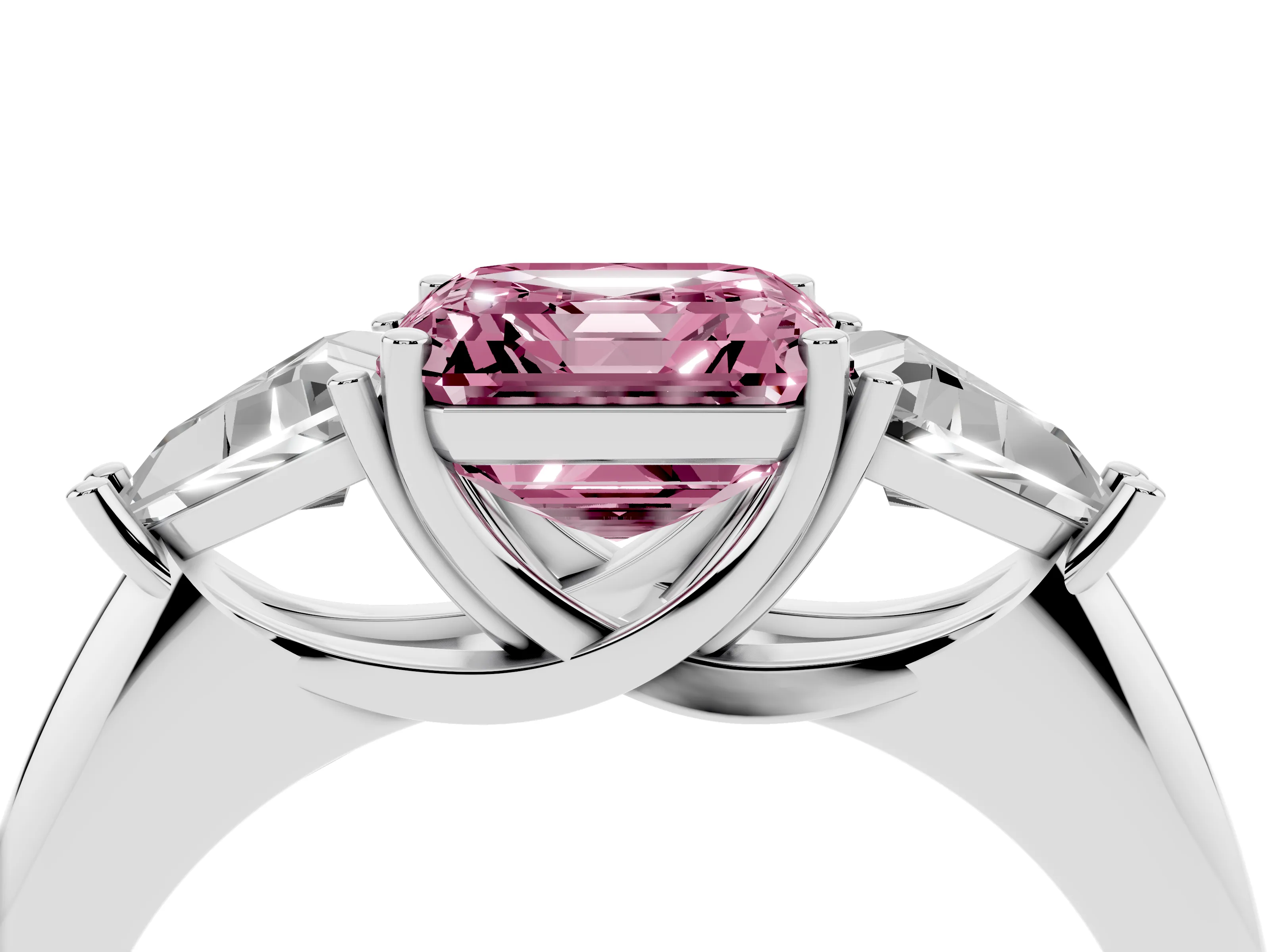 Fancy Pink Asscher Cut Diamond Three-Stone Engagement Ring Set in White gold with Trillion Side Stones