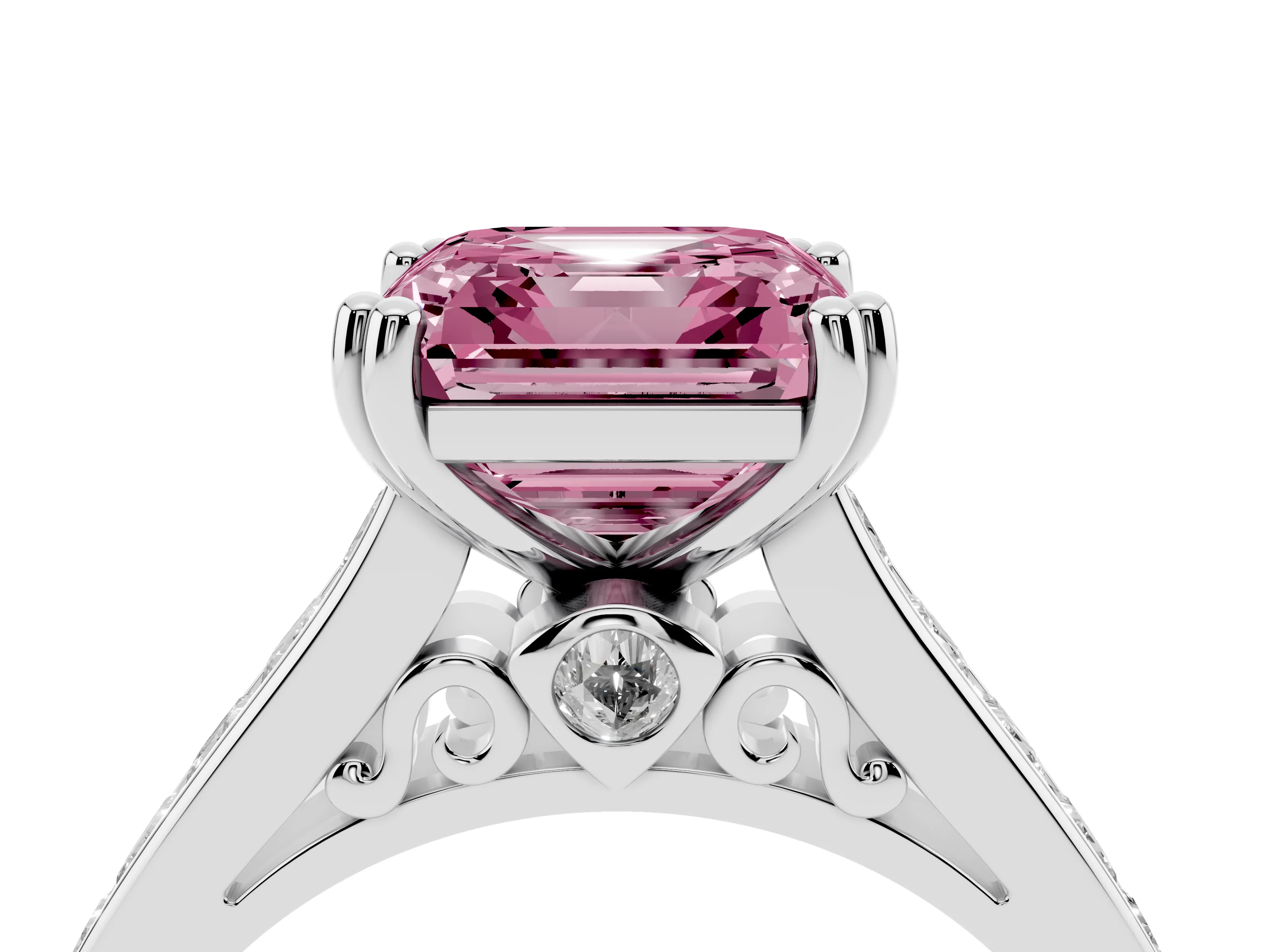 Fancy Pink Asscher Cut Diamond Channel Set Solitaire Engagement Ring Set in Silver with Prong Setting