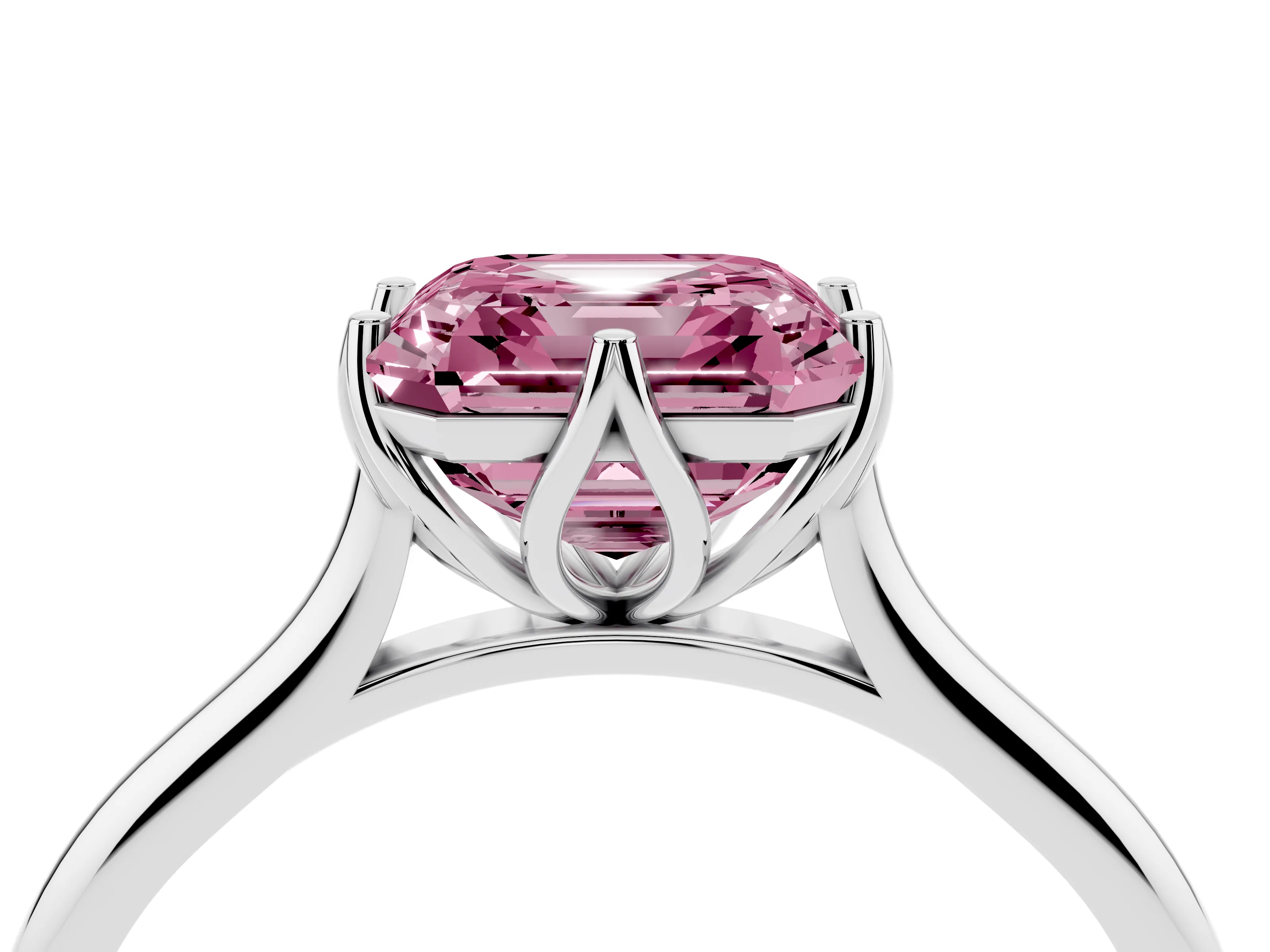 Fancy Pink Asscher Cut Diamond Solitaire Cathedral Ring Set in Platinum with Prong Setting