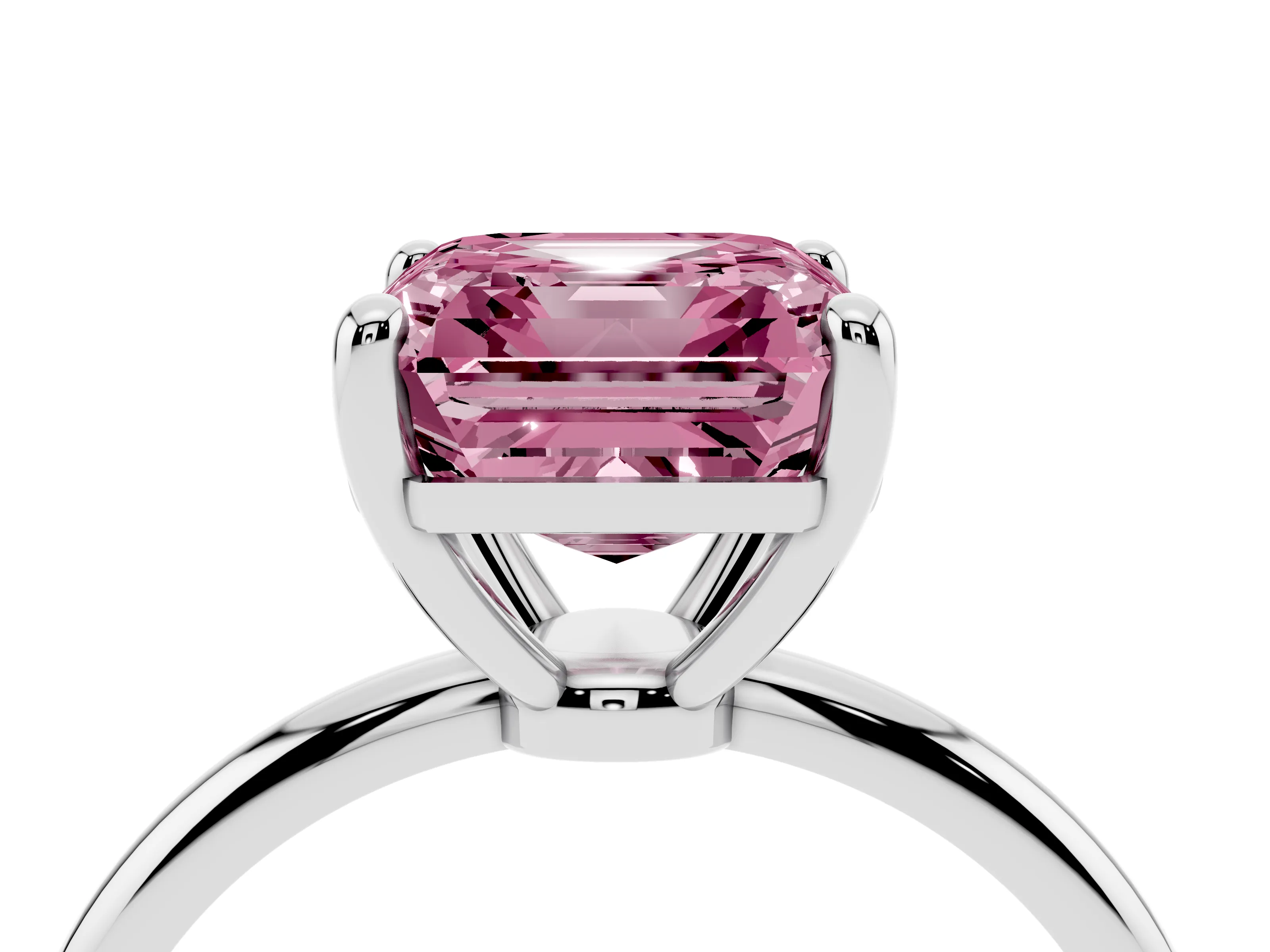 Fancy Pink Asscher Cut Diamond Solitaire Ring Set in Platinum with Secure Prong Setting on a Classic Band