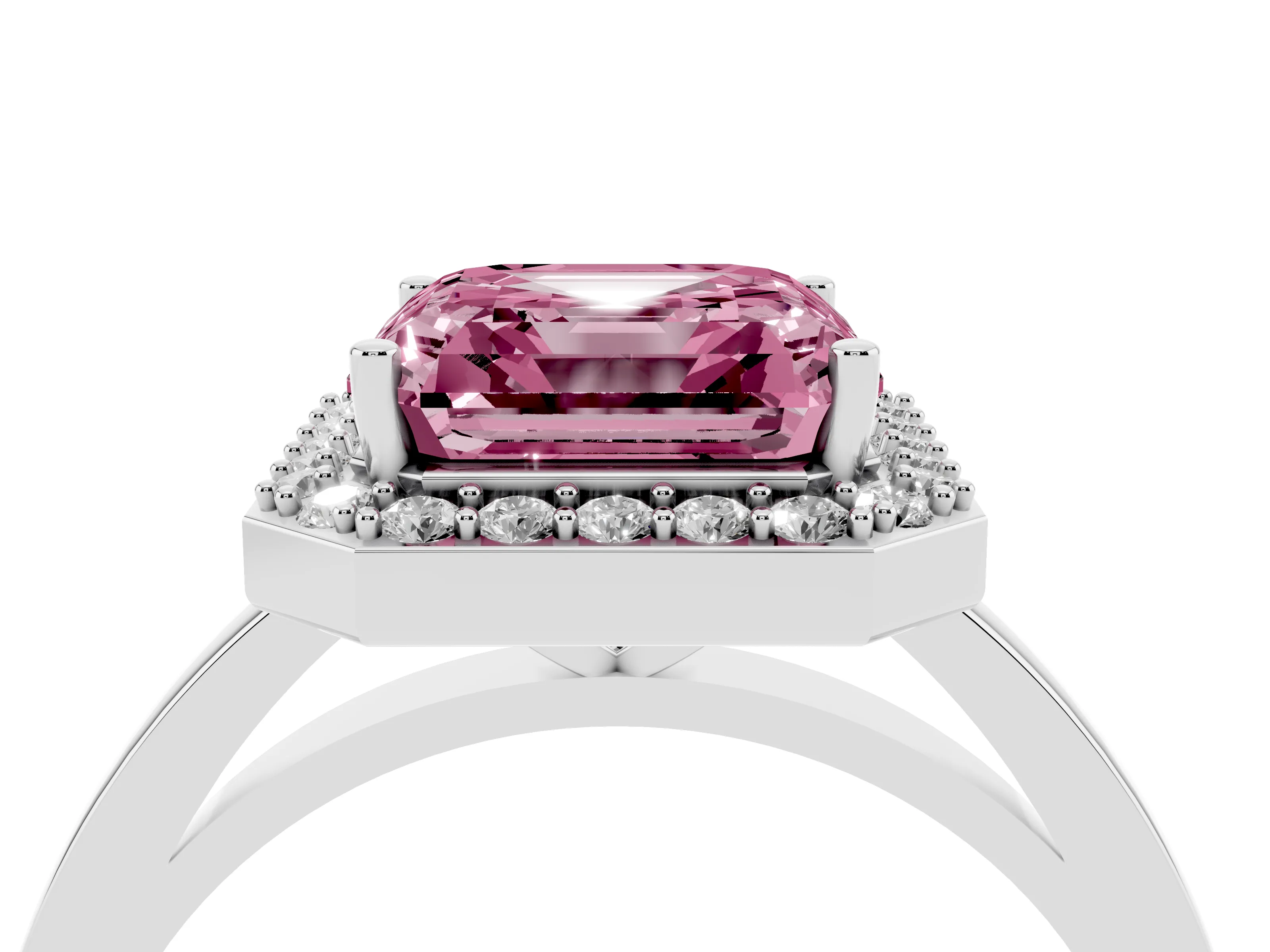 Fancy Pink Asscher Cut Diamond Halo Ring Set in Platinum with Solitaire Band and Prong Setting